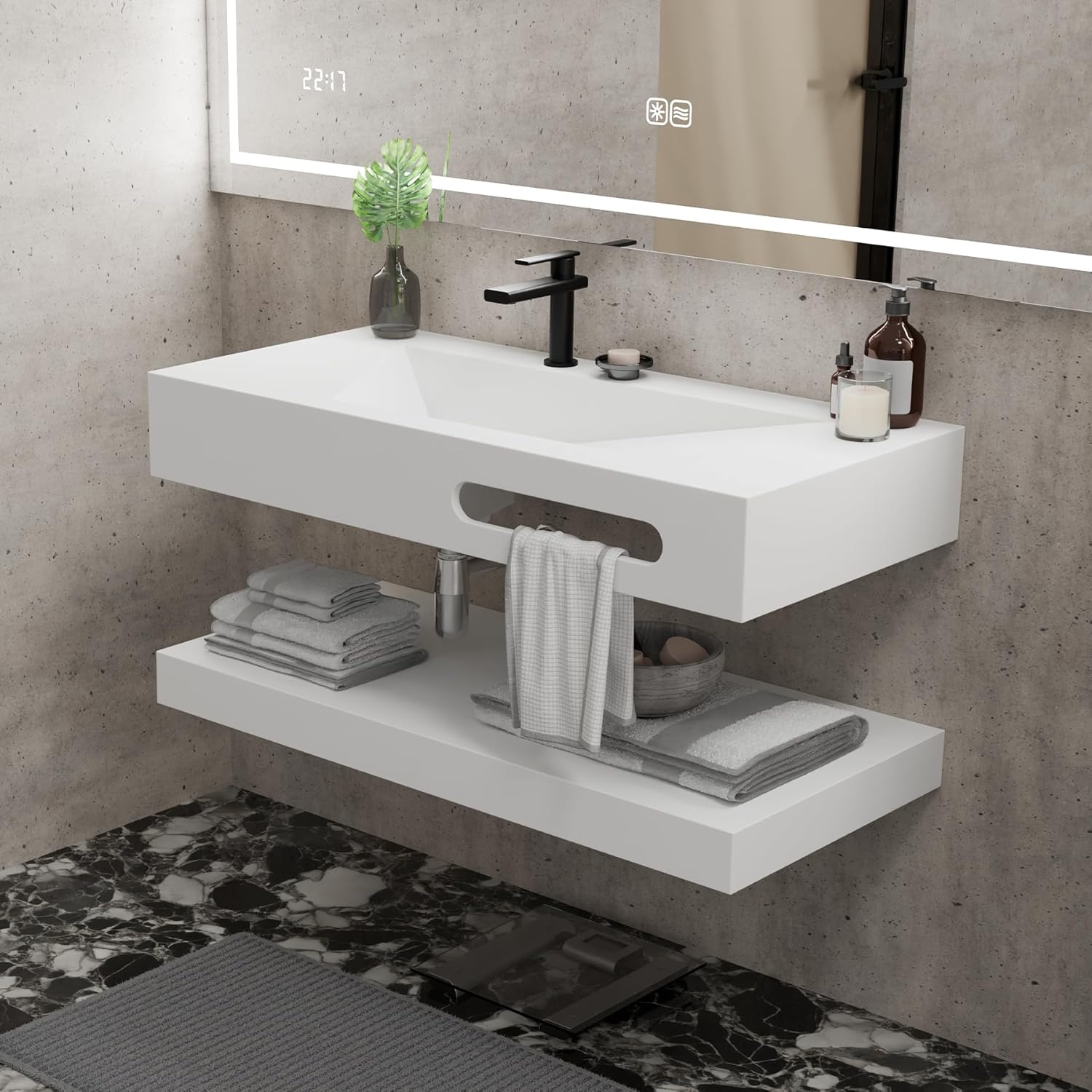 QJ&XY Resin Bathroom Sink 32" Wall Mounted V-Shaped White Basin with Towel Rack, Floating Vanity Sink in Soft-Touch Finish (Double Tier)