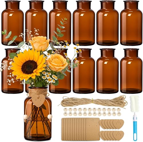 TBWIND Vintage Glass Flower Vase, 12PCS Farmhouse Amber Mason Jar Vases | Rustic Mason Jar Centerpiece Glass Bud Vases in Bulk with DIY Accessories for Wedding Party Table Decorations Home Decor