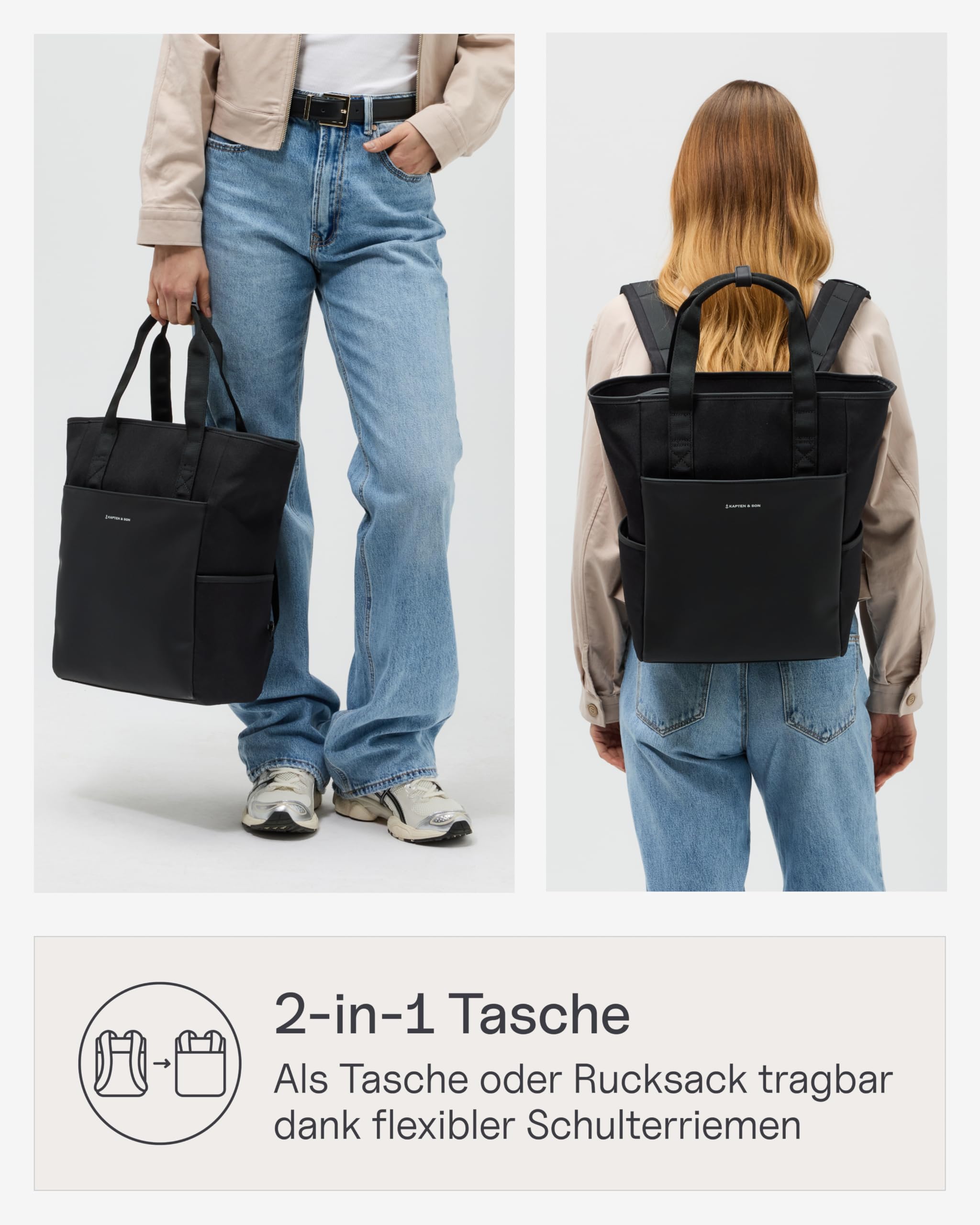 Kapten & Son Rucksack Lindby All Black 18 L | 2in1 Tasche & Rucksack | inkl. Kofferbefestigung, Laptopfach, Flaschenhalterung | Shopper Damen