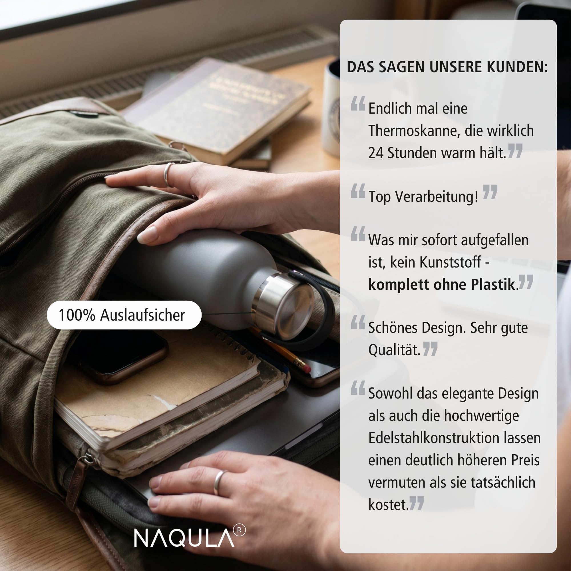 Termo NAQULA con asa y colador extraíble para té o frutas. Botella de acero inoxidable a prueba de fugas, apta para bebidas carbonatadas, termo caliente y frío (negro, 1000 ml)