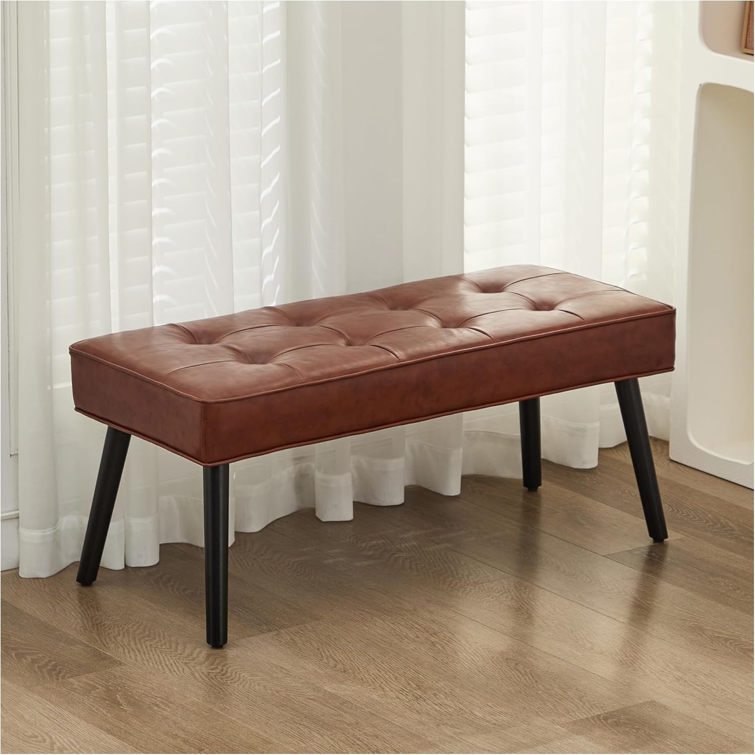 44" Ottoman Bench, Upholstered End of Bed Bench, Oversized Footrest with Wood Shelf torage Storage Bench for Bedroom, Entryway, Living Room, Dark Brown(PU)