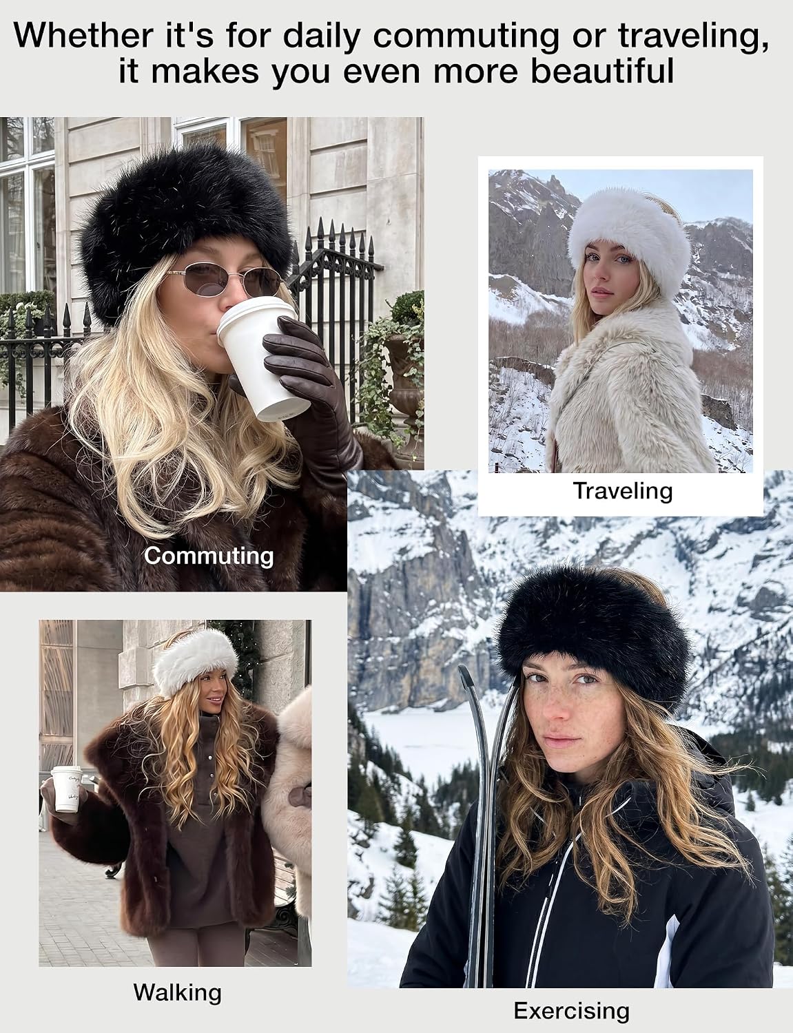 2-Pack Faux Fur Winter Headbands Womens Elastic Earmuffs Earwarmers