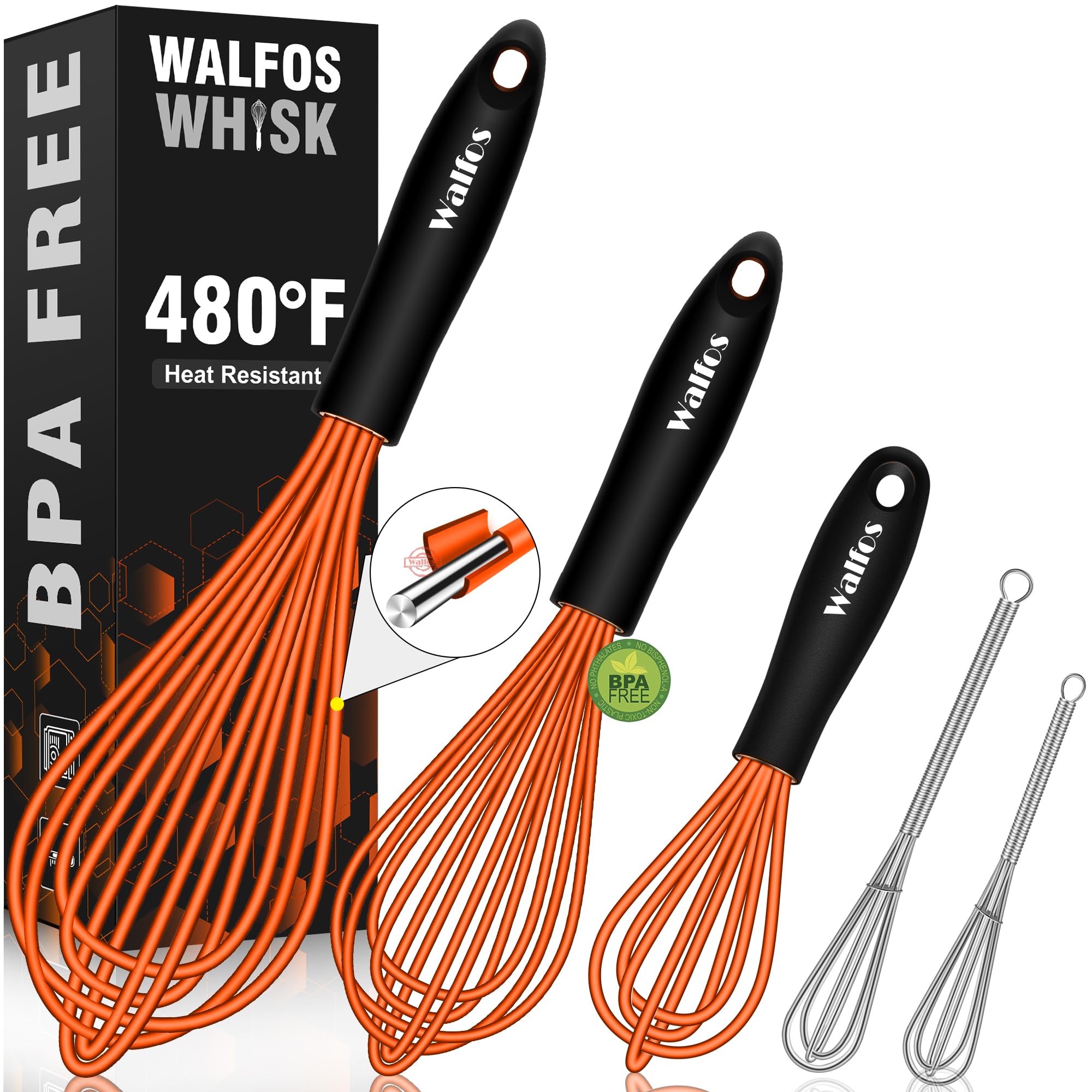 Walfos Whisk, Silicone Whisks Set of 5, Mini Stainless Steel Whisk 7+5in and Non Scratch Coated 7+9+11in Whisks, Suitable for Blending, Whisking, Beating, Frothing & Stirring. (Orange)