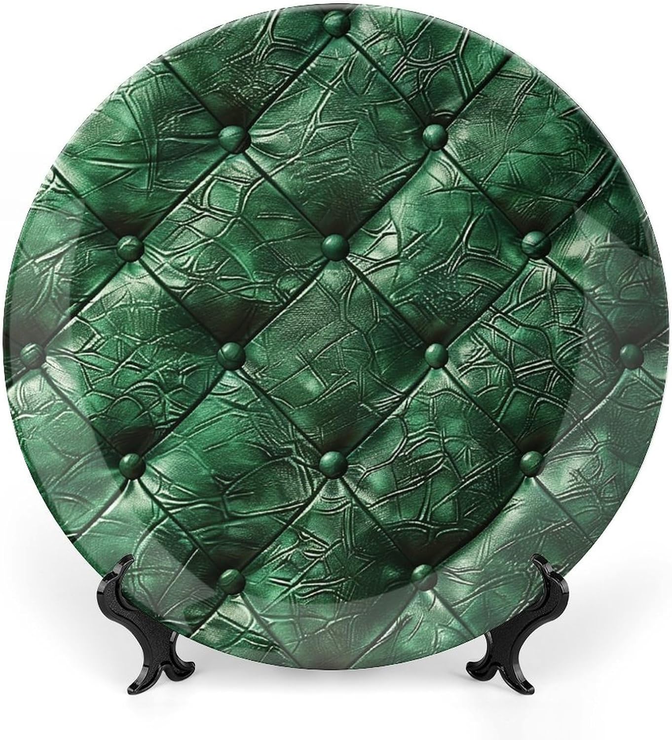Green Leather Texture Bone China Decorative Plate with Stand, Ceramic Ornaments for Wall Hanging Decor, Porcelain Dinner Dish Decor Plates for Home, Office, Hallway, Table 10inch