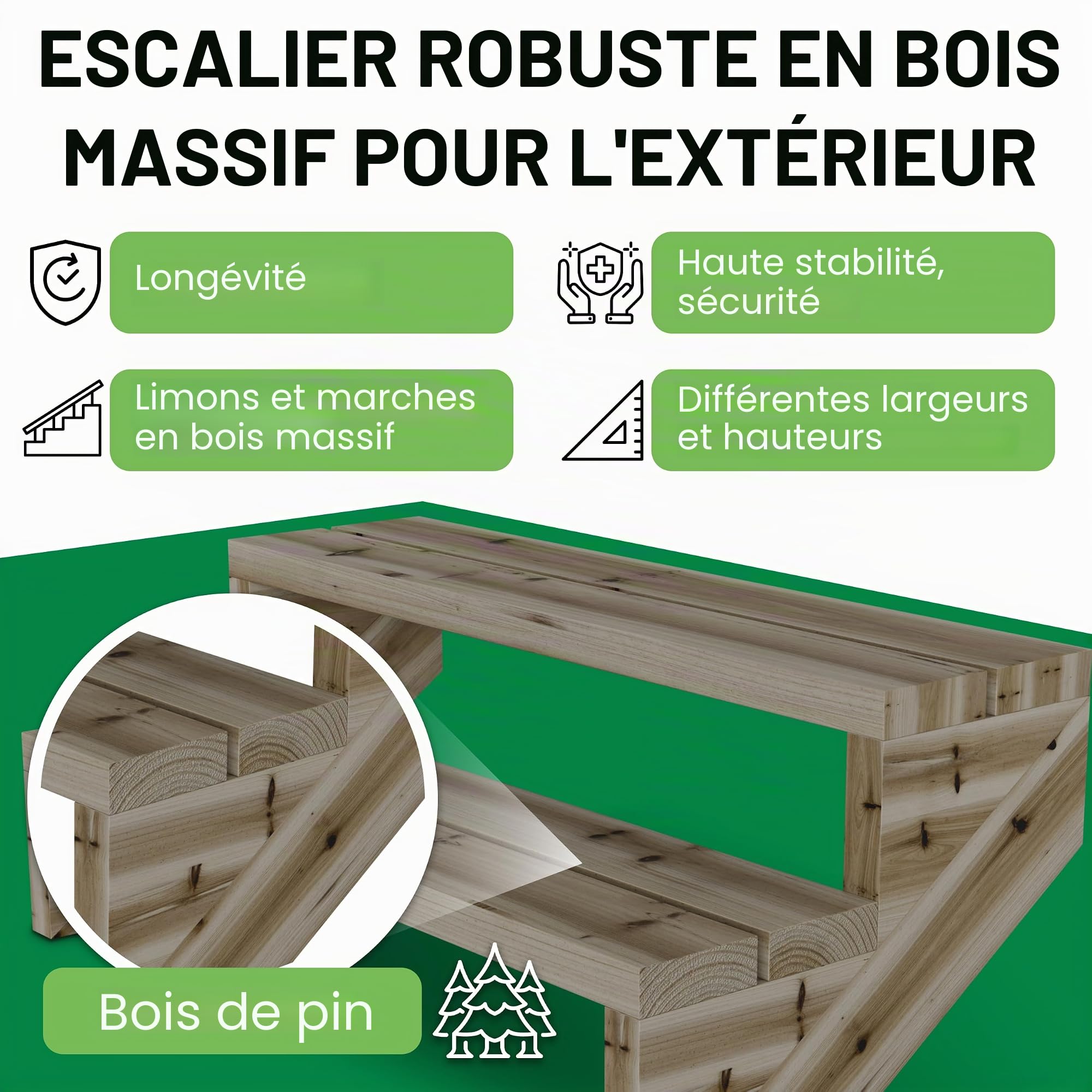 Gartenwelt Riegelsberger - Escalier de terrasse - Largeur : 95 cm - Escalier avec 2 marches - Hauteur d'étage : 38 cm - Bois massif en pin kesseldruckimprägniert - Ensemble complet avec montants
