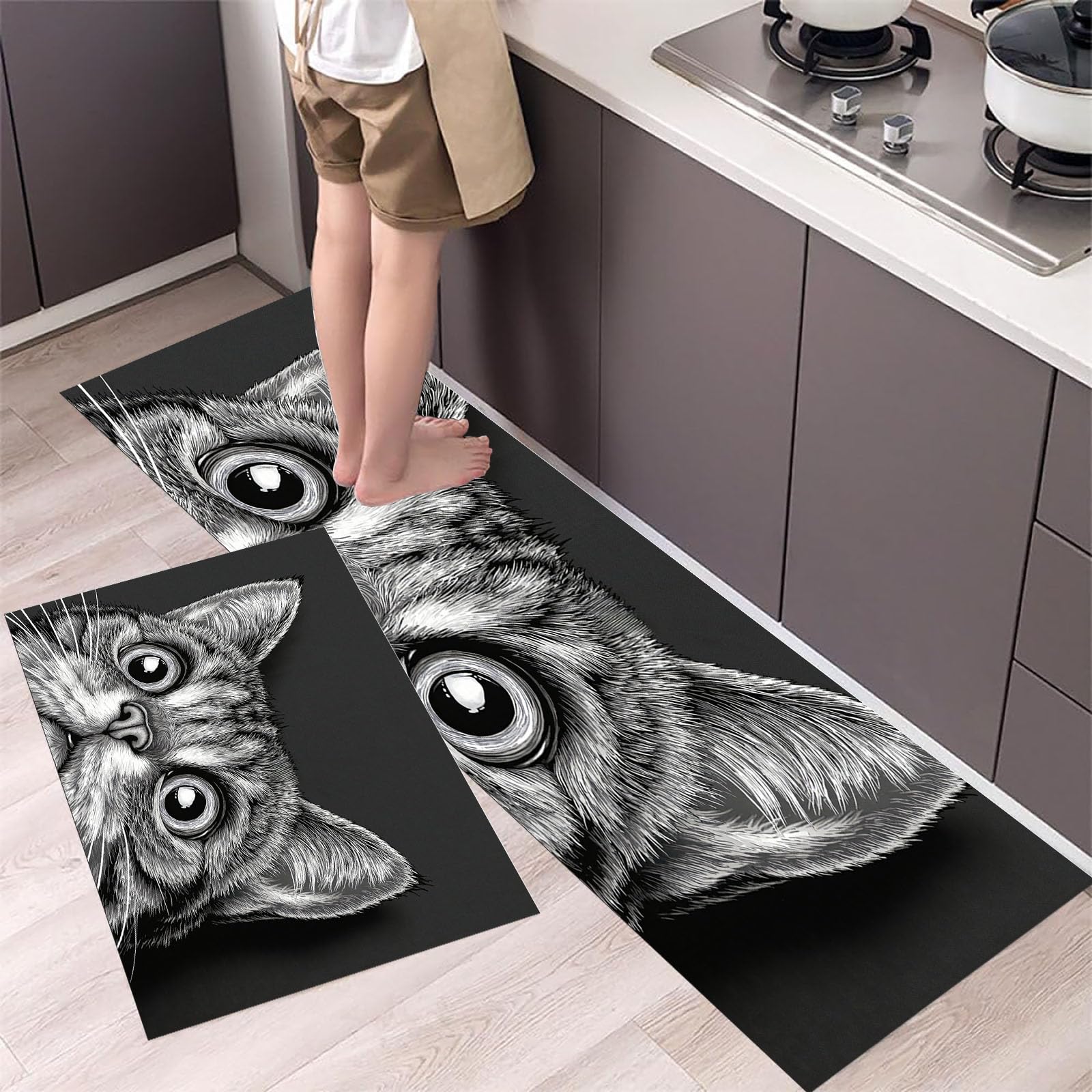 Alfombras de cocina absorbentes con base de alta adherencia y diseño lavable de gato