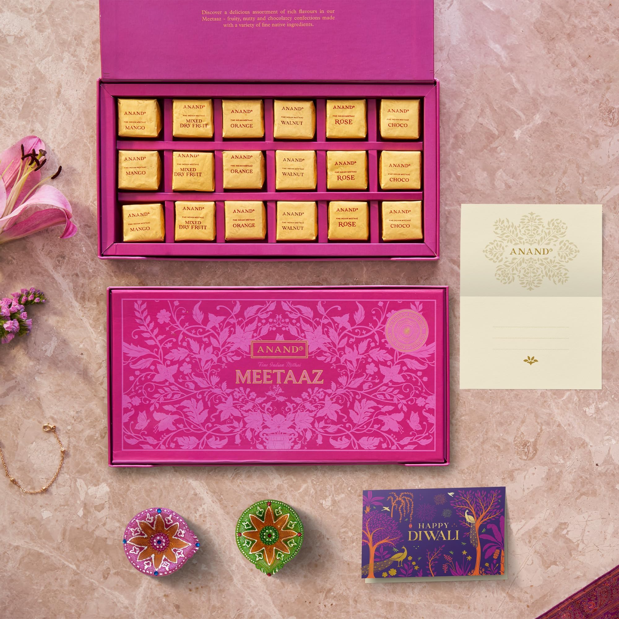 ANAND Diwali Meetaaz Box - 18 PC Collection of Flavorued Kaju, Badam, Pista, Ghee, Dark Chocolate Bites Box, 400g | Pure Desi Ghee Sweets | for Family and Friends with Diya + Card
