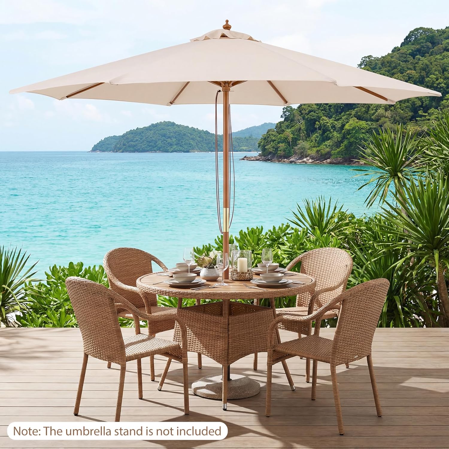 RELAX4LIFE 9 FT Patio Umbrella, Bamboo Market Table Umbrella with Adjustable Height, Rope Pulley Lift, Vented Top, 8 Sturdy Ribs, Outdoor Sun Shade for Garden Yard, Beach, Poolside