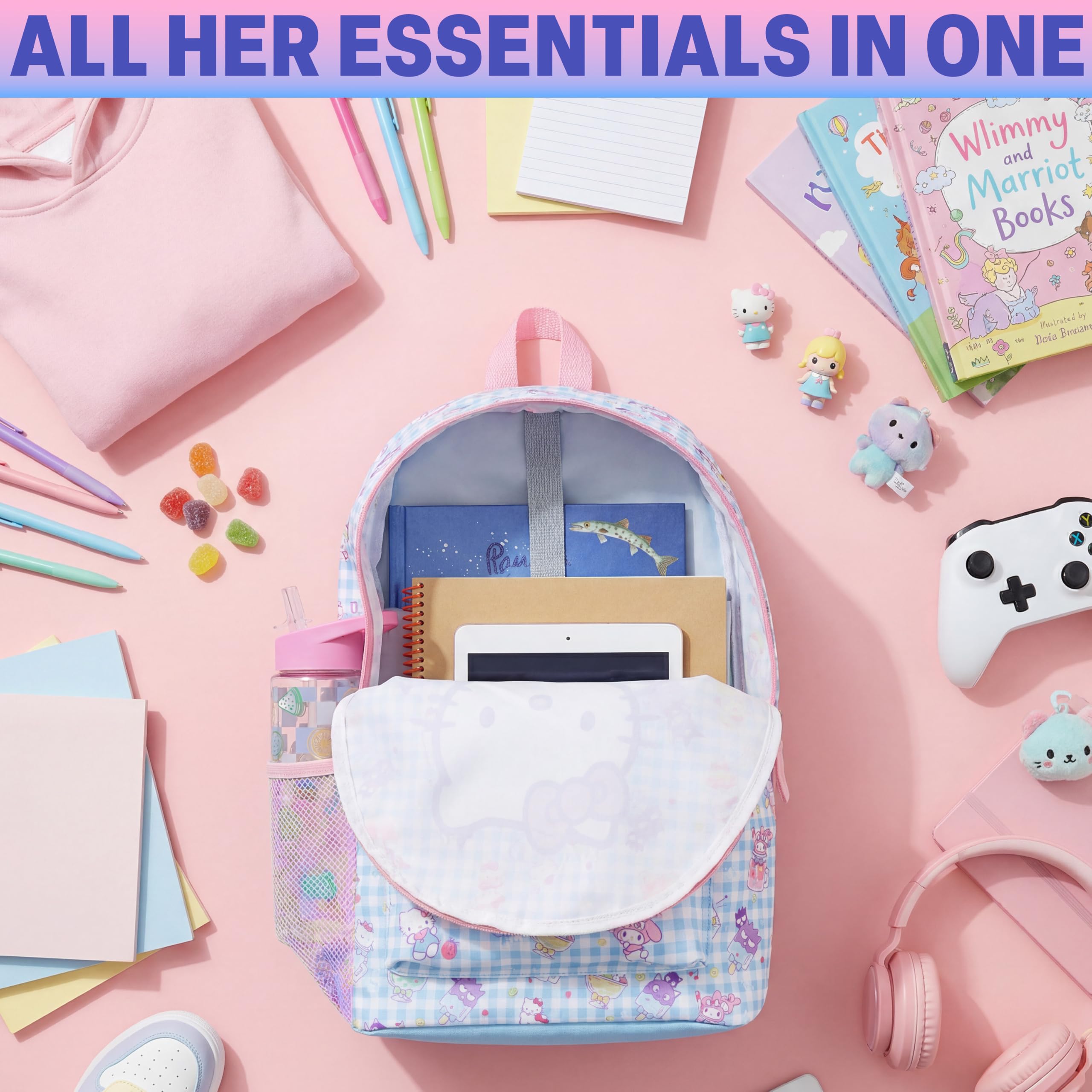 Get Trend Hello Kitty Zainetto Bambina Zip, Zaino Scuola Set con BPA Free Flip Top Borraccia con Cannuccia Idea Regalo Scuola (Multi Hello Kitty)