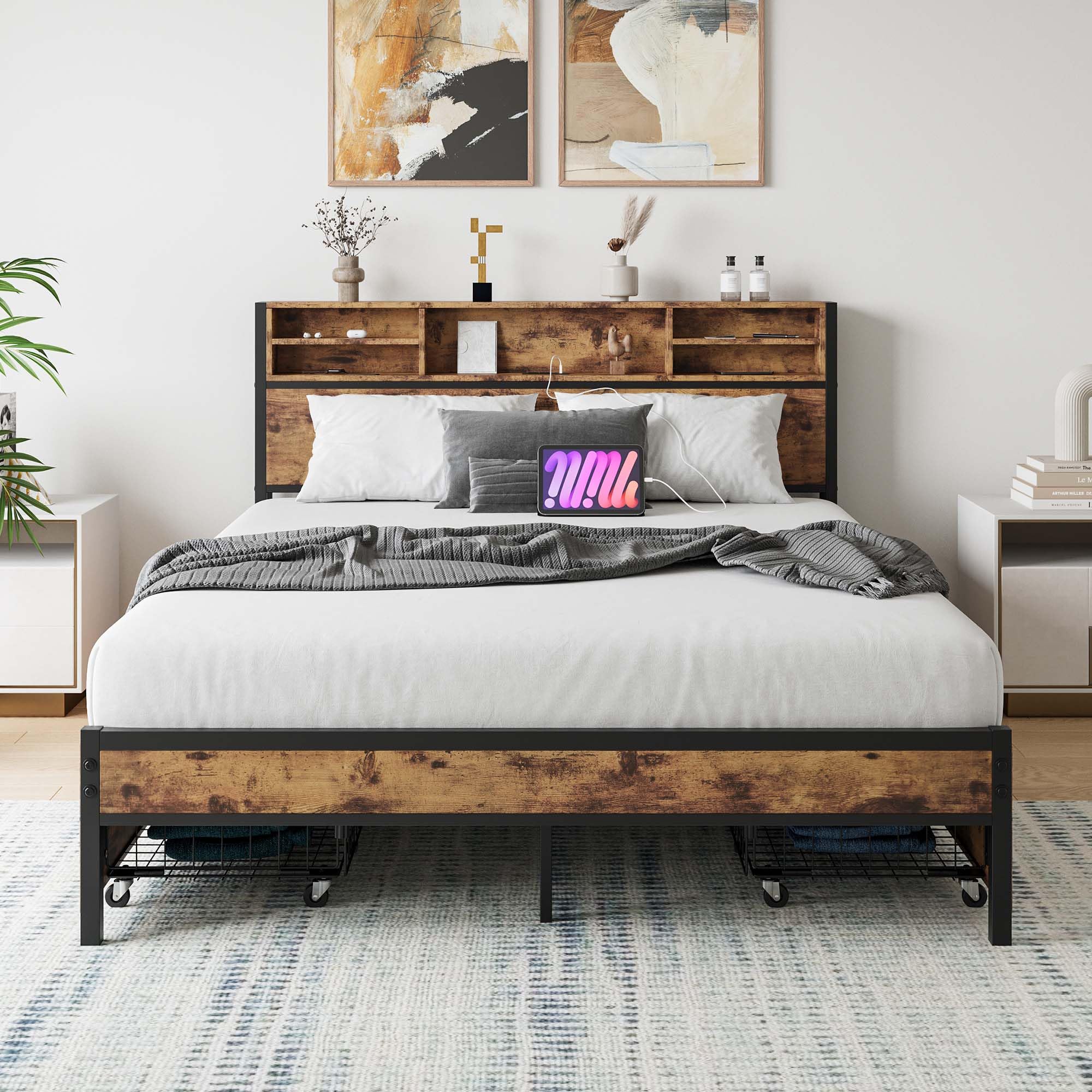 ZLBYCNX Metal Queen Bed Frame with Headboard and Storage,Platform Bed Frame Queen Size with 4 Storage Drawers,Industrial Bed Frame Queen Size with