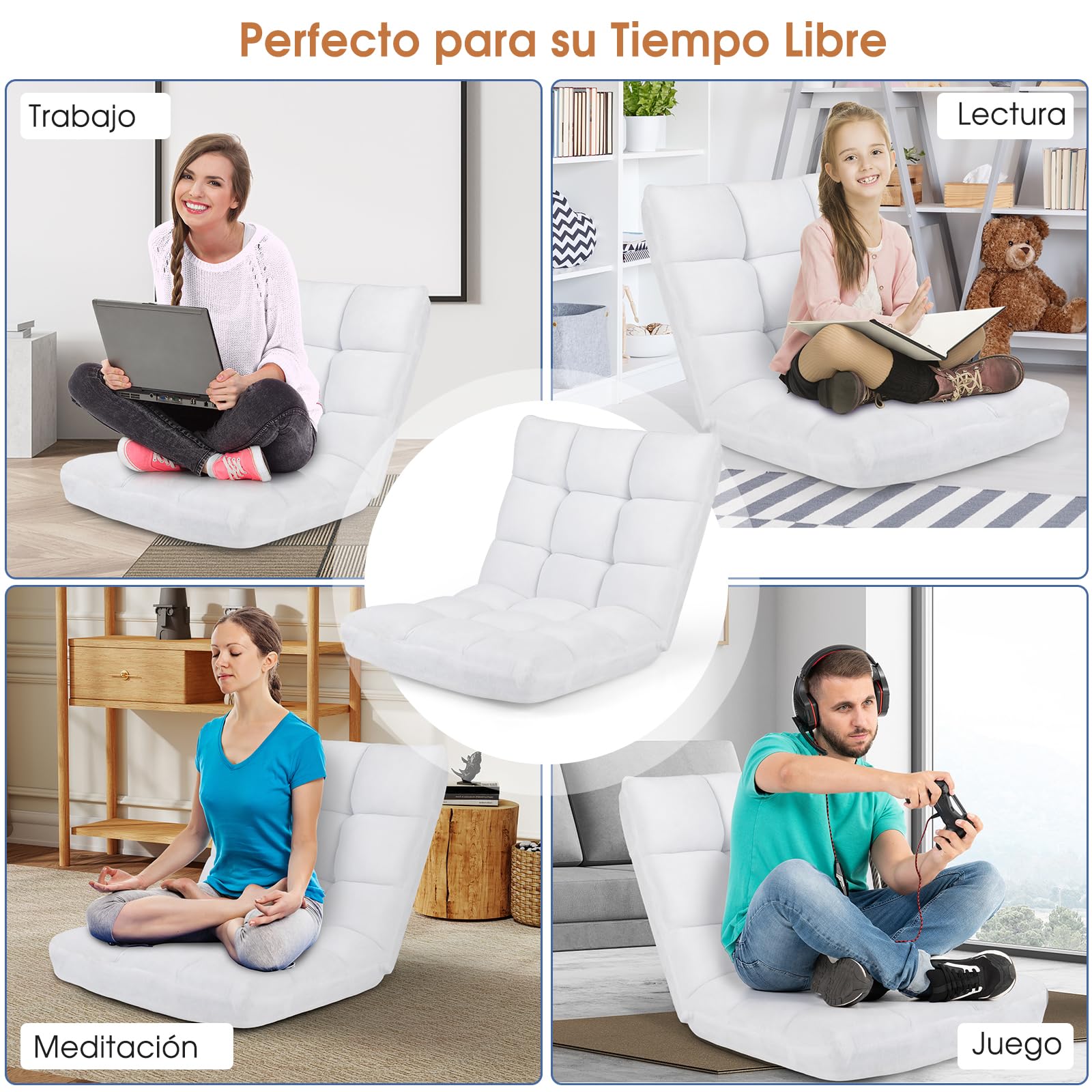 GOPLUS Sillón Relax Reclinable en 14 Posiciones, Sillla Suelo Plegable con Vellón Coral y Cojín Acolchado, Sofá Individual para Lectura y Gamer en Dormitorio, 105 x 57 x15 cm (Blanco)