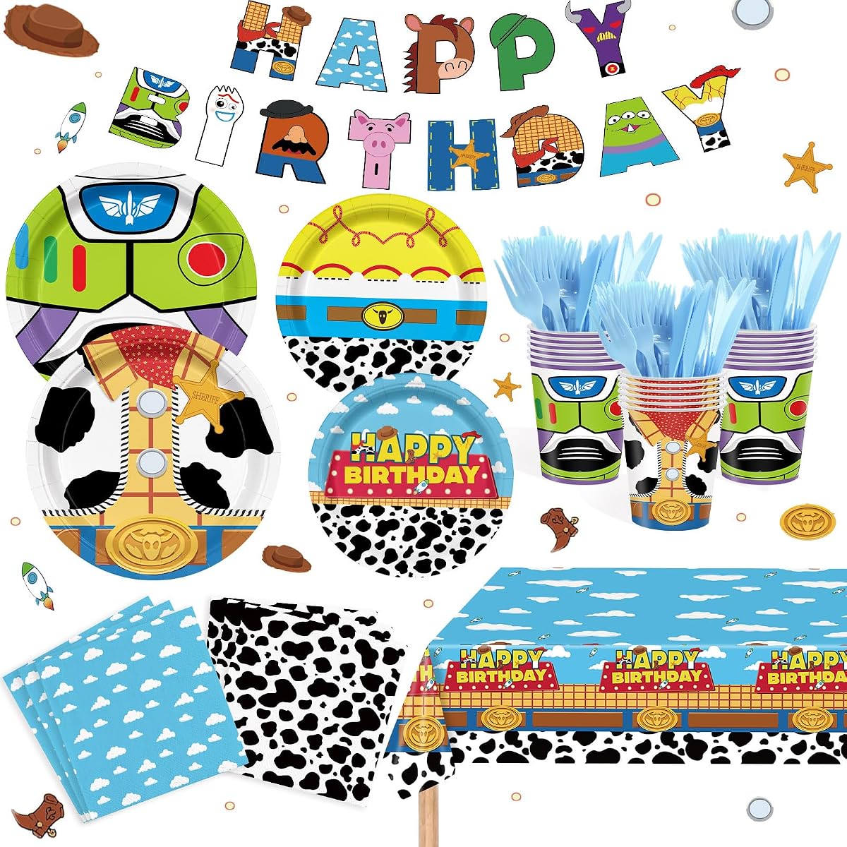 Toy Theme Party Supplies Cartoon Toy Theme Party Decorations Toy Theme Tableware Set Plates Napkins Cups Banners Tablecloths Forks Knives Holds 20 Guests