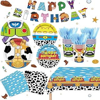 182PCS Toy Theme Party Supplies Cartoon Toy Theme Party Decorations Toy Theme Tableware Set Plates Napkins Cups Banners Tablecloths Forks Knives Holds 20 Guests