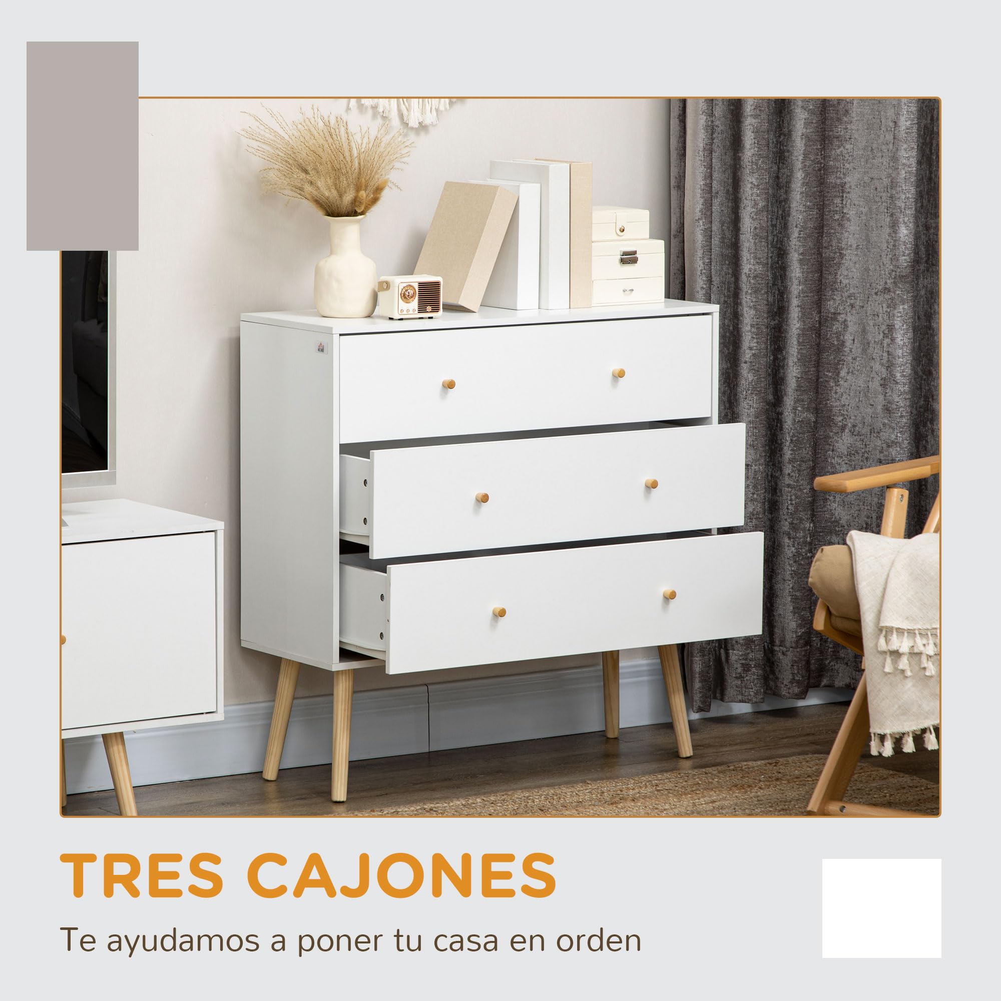 HOMCOM Cómoda con 3 Cajones Sinfonier para Dormitorio 80x30x80 cm Blanco | Patas de Madera, Diseño Antivuelco, Carga 70 kg, Cajonera para Salón Oficina