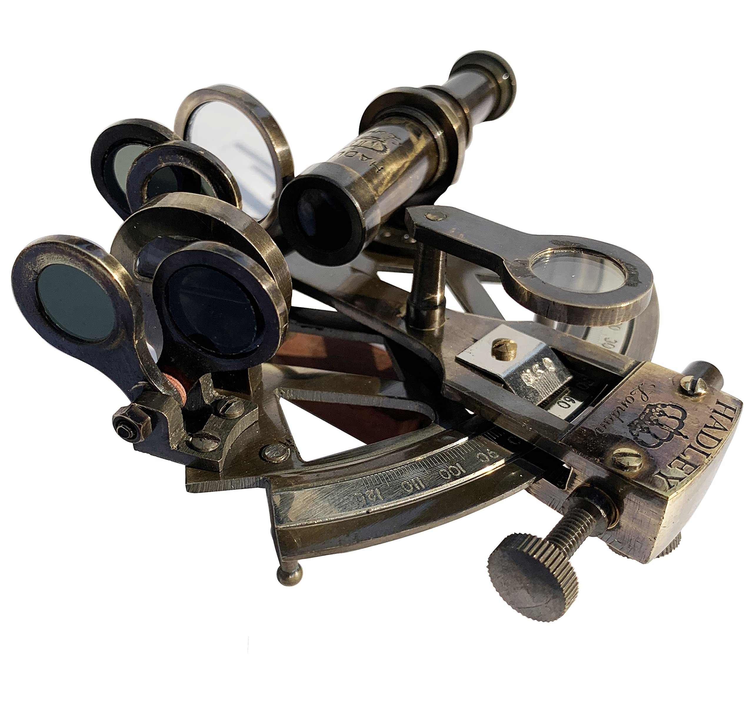 Nautical Marine Hour Glass Antique Compass Timer & Maine Vintage Brass Sextant in Wooden Box