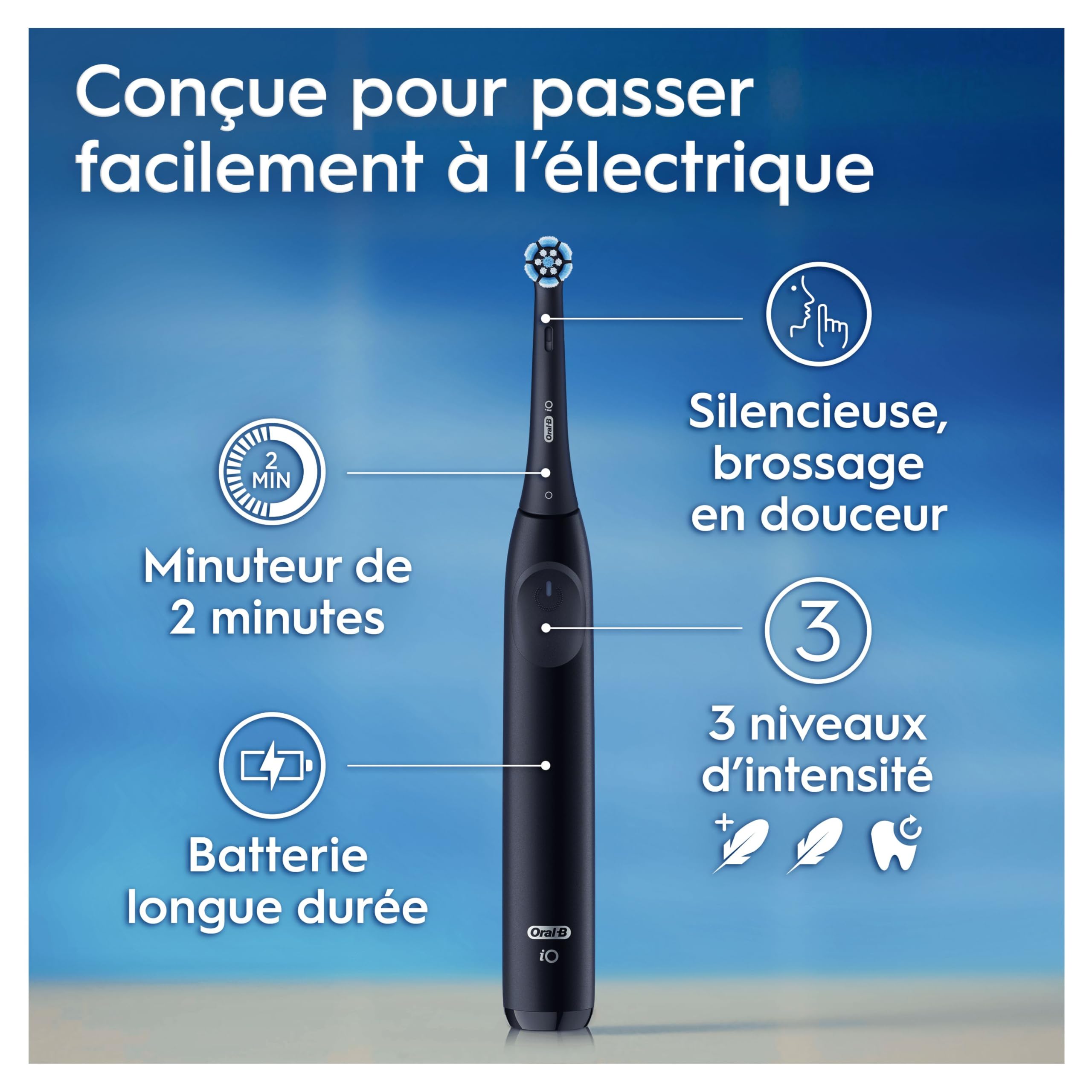 Oral-B iO 2 Brosse A Dents Electrique Noire Pour Adultes, 3 Modes De Nettoyage, Doux Pour Gencives, Brossage Souple, Accessoires, Brossette Oral B De Rechange, Porte-Brossettes, Etui De Voyage
