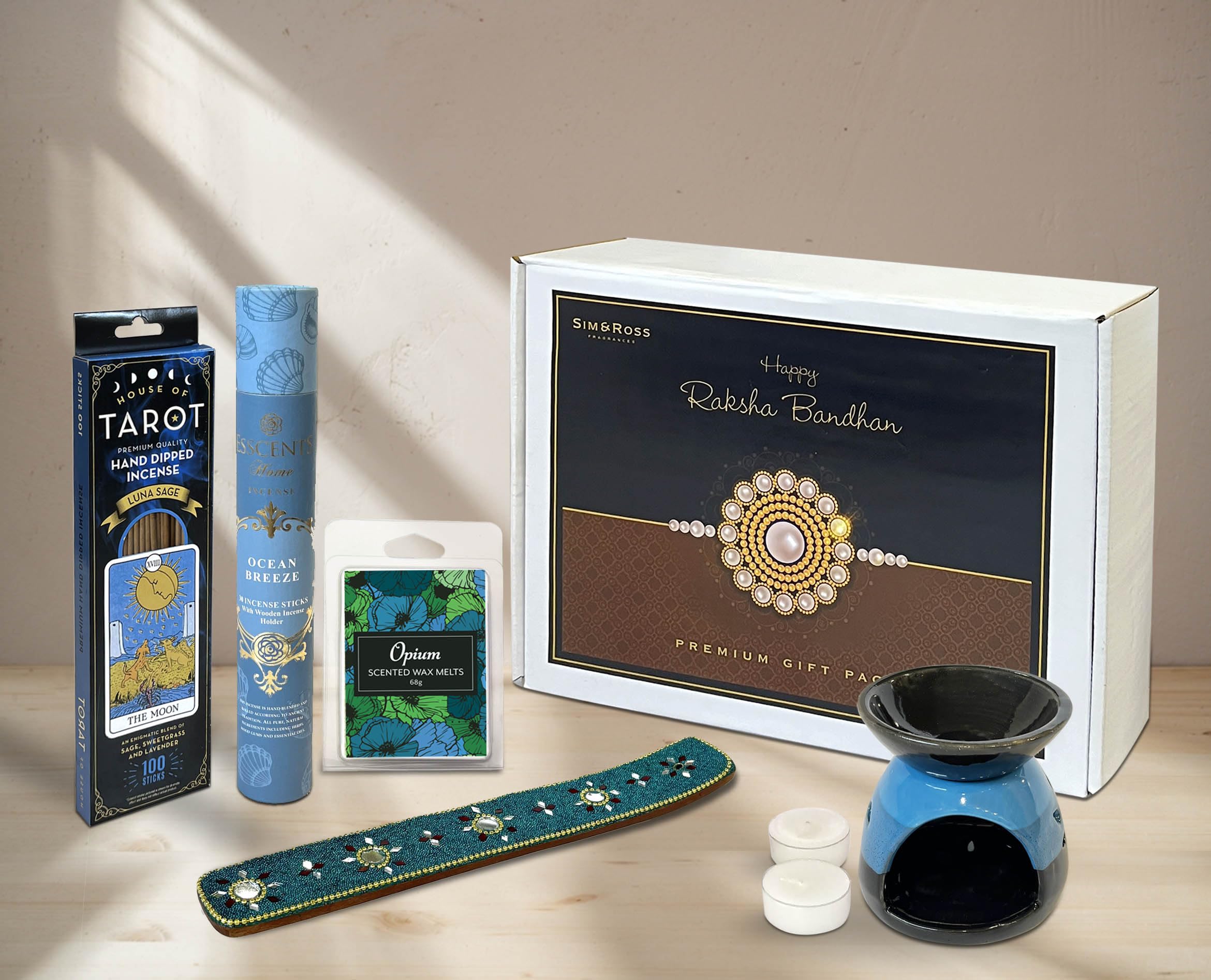 Sim & Ross | Premium Rakhi Gift Set for Brother/Bhai/Veera | Featuring Incense Sticks, Decorative Burner, Wax Melts and Tea Lights Candles | Perfect for Raksha Bandhan | (Blue)