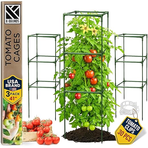 Square Tomato Cage - Large Trellis Stakes and Plant Support Structures for Vegetables and Climbing Plants - Tall Tomato Cages for Garden, Pots, Raised Garden Bed Outdoor Supplies (3 Pack - Up to 41")