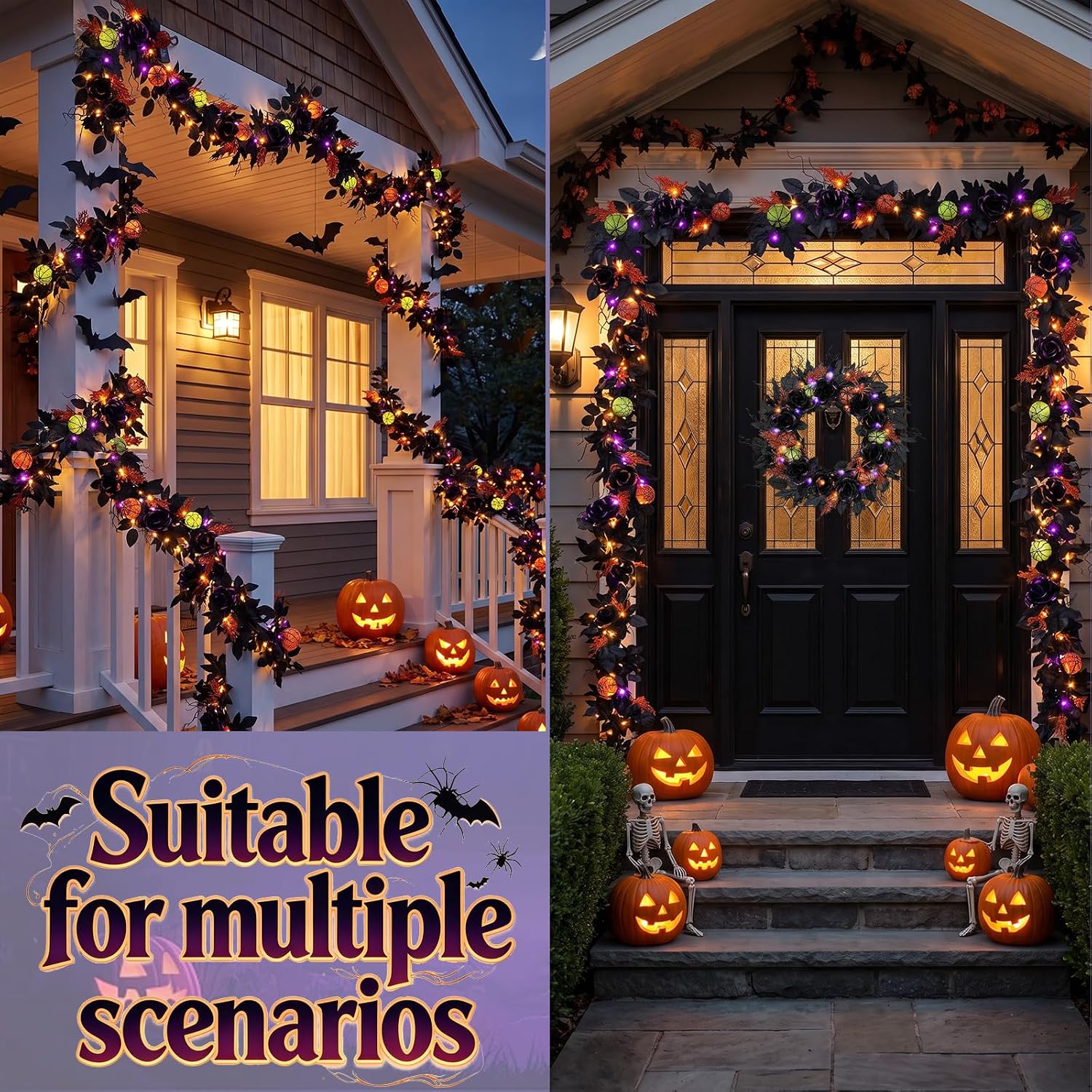 6FT Pre-Lit Halloween Garland with Lights, Black Rose Garland for Mantle
