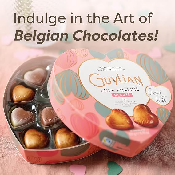 GuyLian Belgian Chocolate Heart Gift Box, 3.7 oz, 10 pc Assorted Praline Candies, White, Milk & Dark Chocolate
