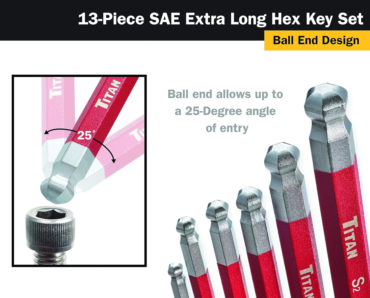 Titan 12713 Extra-Long Arm Ball Tip SAE Hex Key Set, 13 Piece