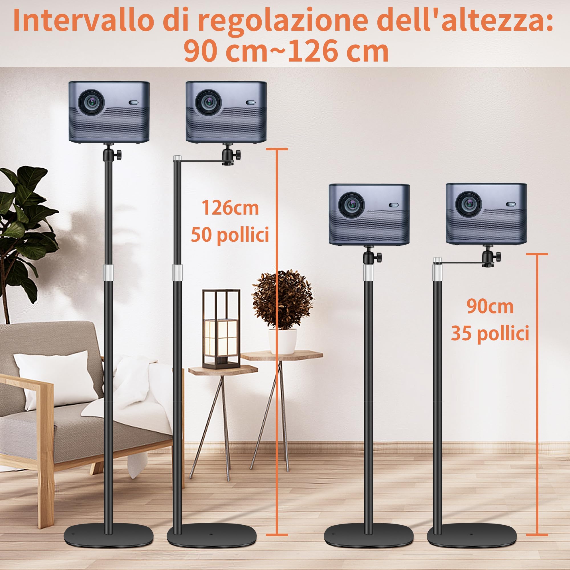 Supporto per Proiettore in Metallo, Altezza Regolabile 90-126 cm con Rotazione ad Angolo di 360°, Salvaspazio, Supporta Fino a 5 kg, Compatibile con proiettori, fotocamere, Telecamera e altro