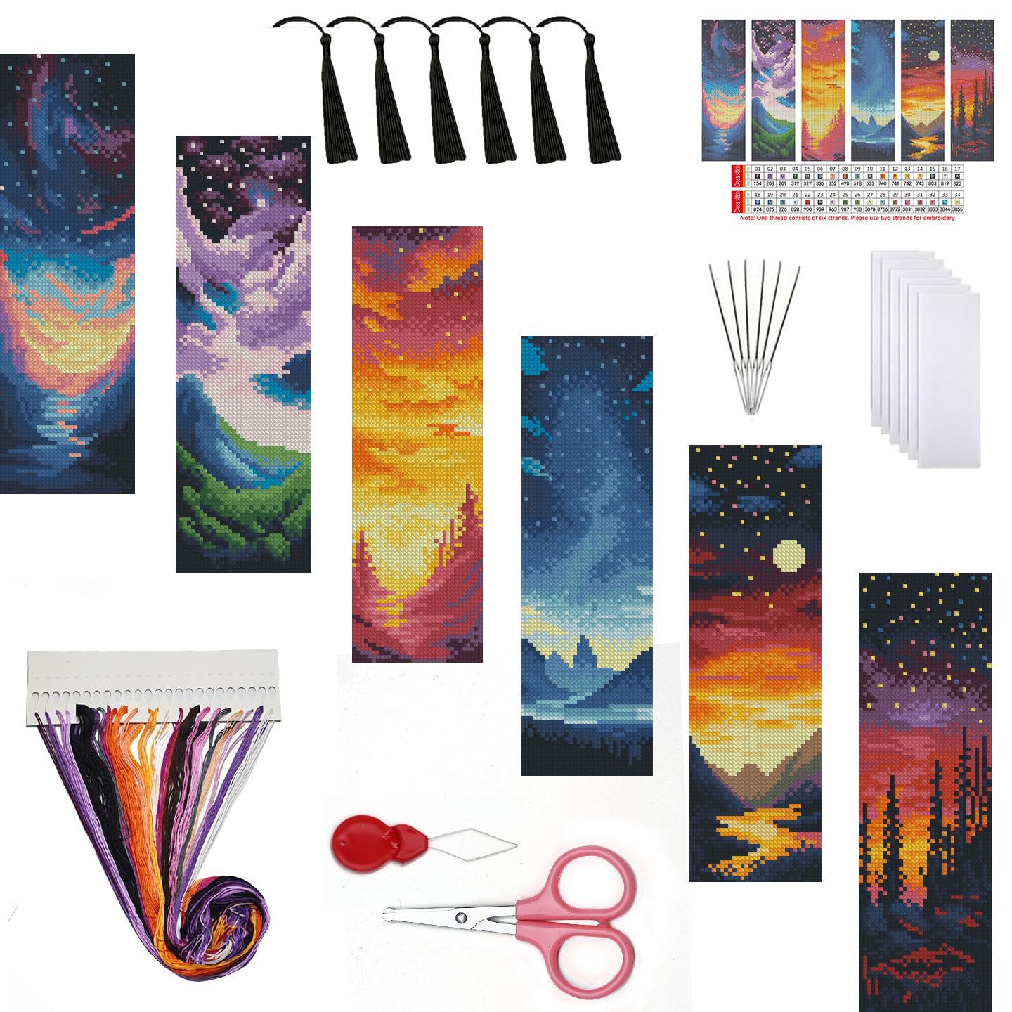 Paintcolor Sun and Moon Mountain Counted Cross Stitch Bookmark Kit for Adults Beginners