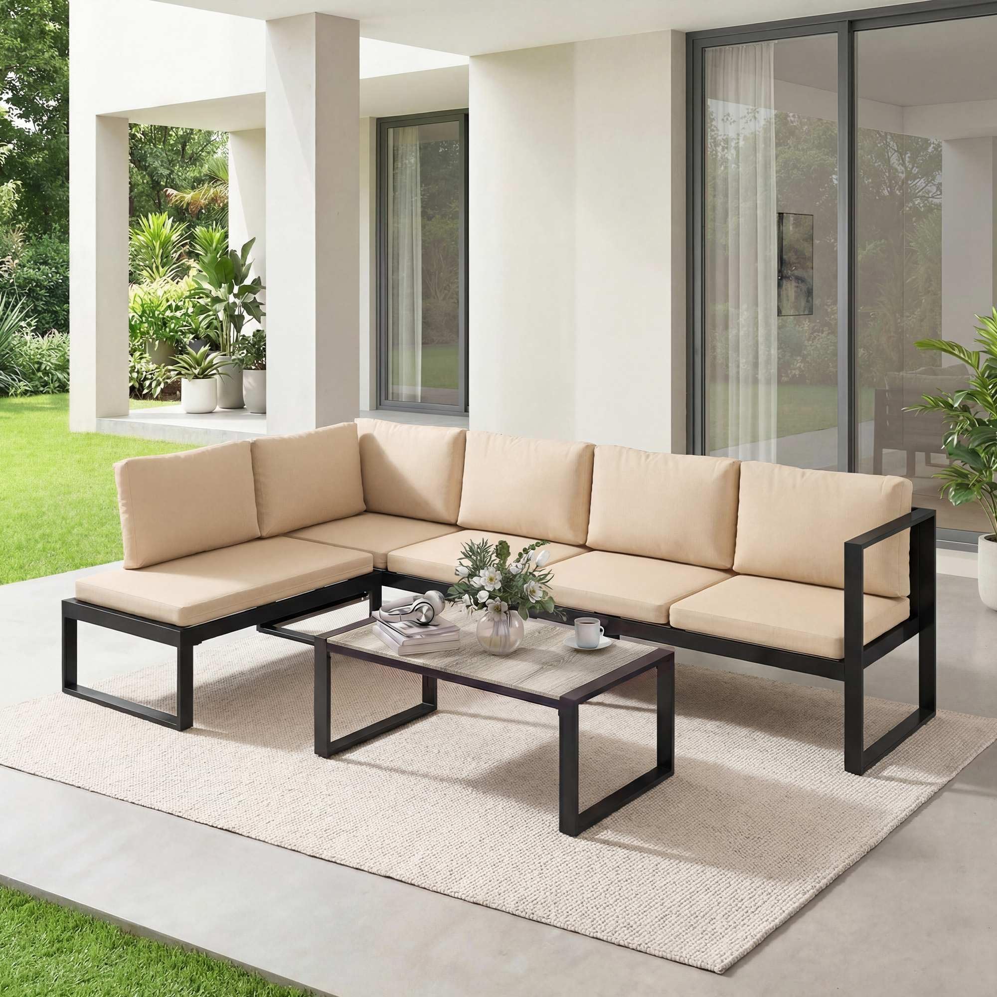 Outsunny Conjunto de Jardín Exterior de 4 Piezas, Muebles Jardín Exterior con 2 Sofás de 2 Plazas, 1 Sillón sin Brazos y Mesa de Centro, Conjunto de Sofá con Estructura de Acero y Cojines, Caqui