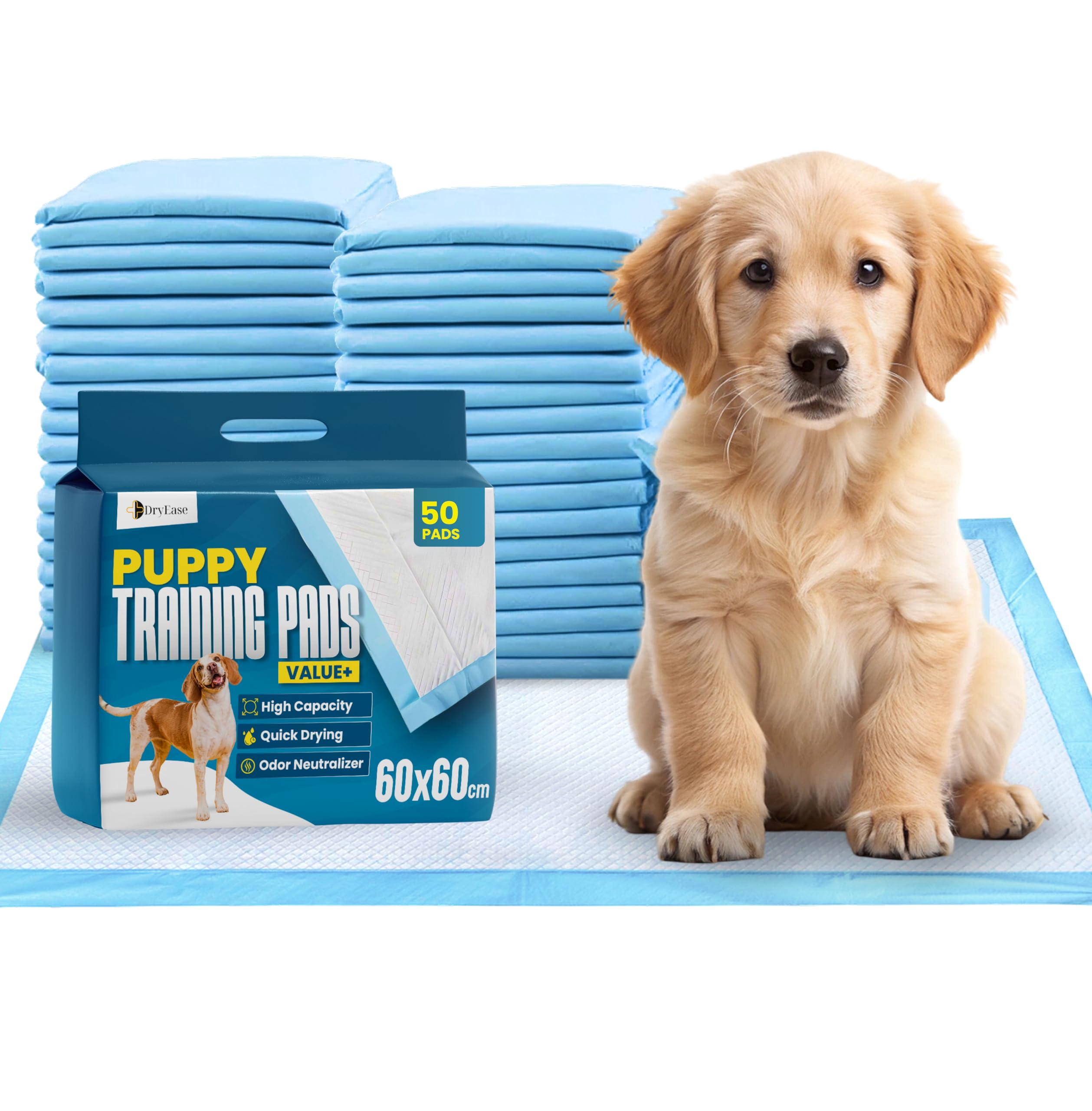 Dryease Blue 50 X Large Puppy Pads 60X60cm Disposable Puppy Training Pads | Highly Absorbent Leak-Proof Dog Training Pads | Premium Quality Quick-Dry Dog Pads (60X60cm - 50 Count).