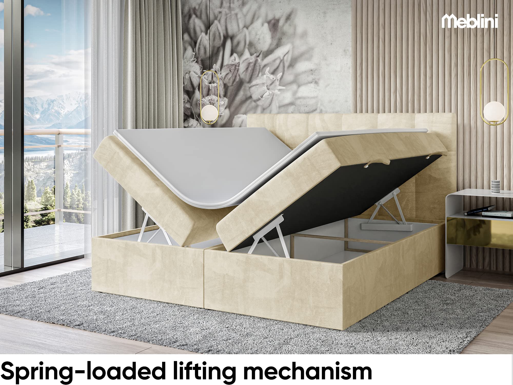 MEBLINI Boxspringbett mit Bettkasten - Gepolstert Doppelbett mit Matratze und Topper - Polsterbett mit Stauraum - Bett mit Kopfteil - Stauraumbett - RACO - 120x200 - H3/Beige Samt