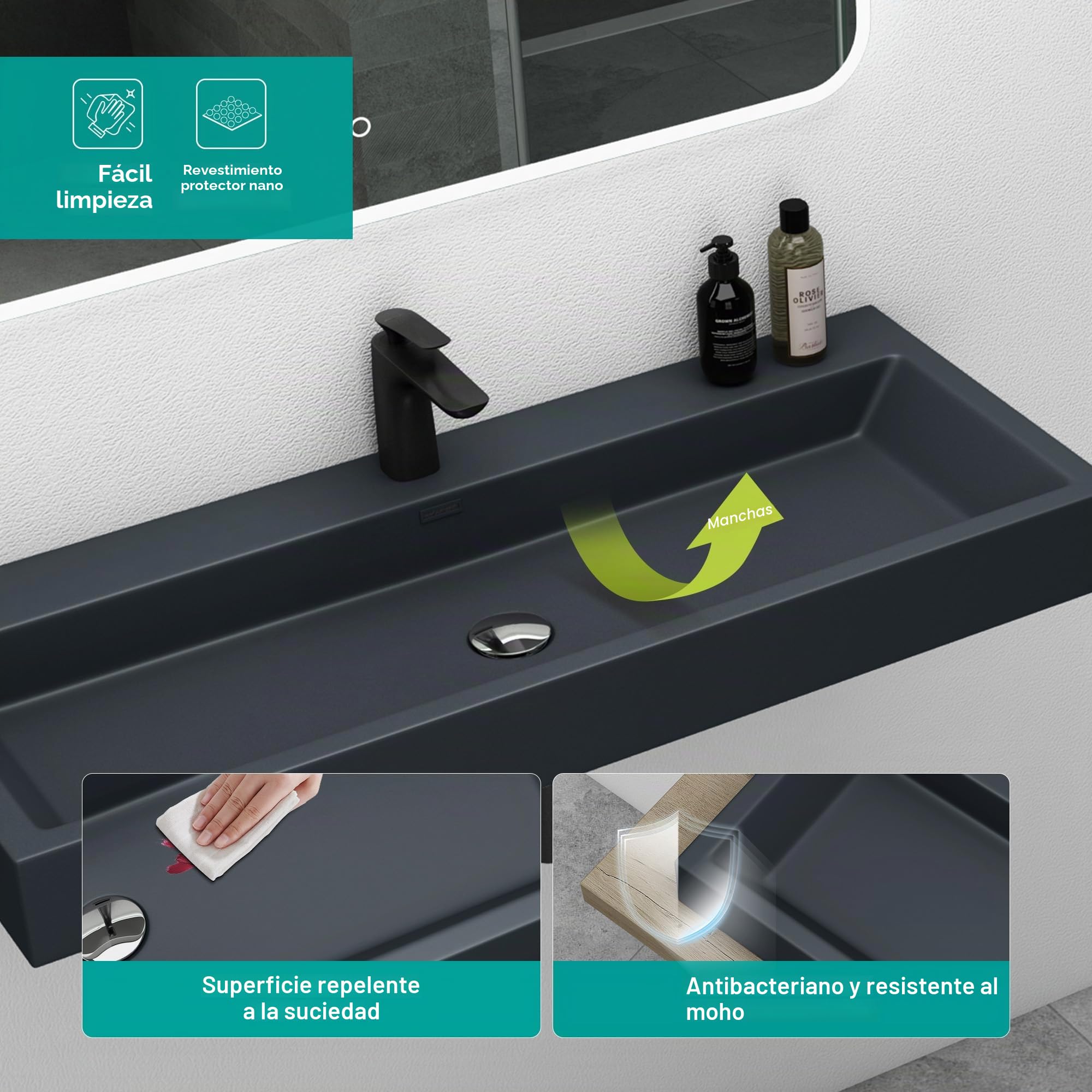 Mai & Mai Lavabo de Pared Antracita Mate con Rebosadero col06 Lavabo sobre Encimera Rectangular de Fundición Mineral con 1 Orificio para Grifo 76.5x42x10cm