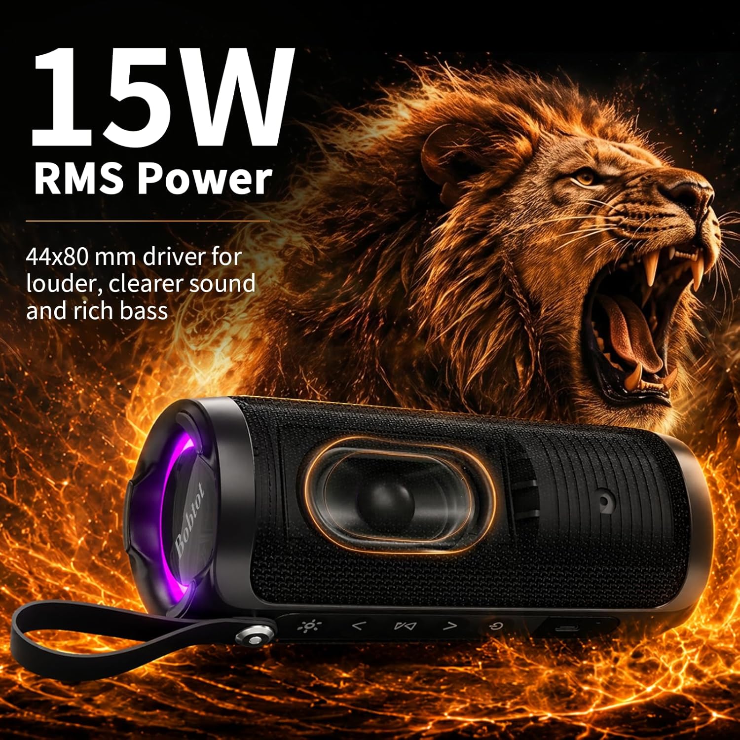 Bobtot Portable Bluetooth Speaker, IPX6 Waterproof Speaker with Punchy Bass, 15W Loud Sound, RGB, 15H Playtime, Dual Pairing for Party, Camping, Beach, Red