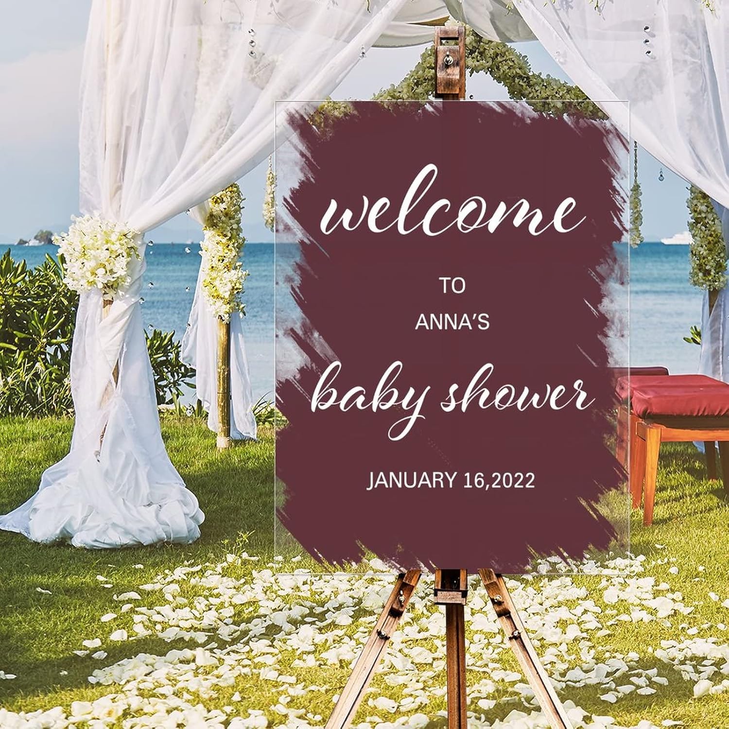 Personalized Name Welcome Wedding Sign Welcome To Baby Shower Elegant Acrylic Welcome Wedding Sign Brush Painted Burgundy Coral Red Wedding Reception Welcome Sign 18x24in