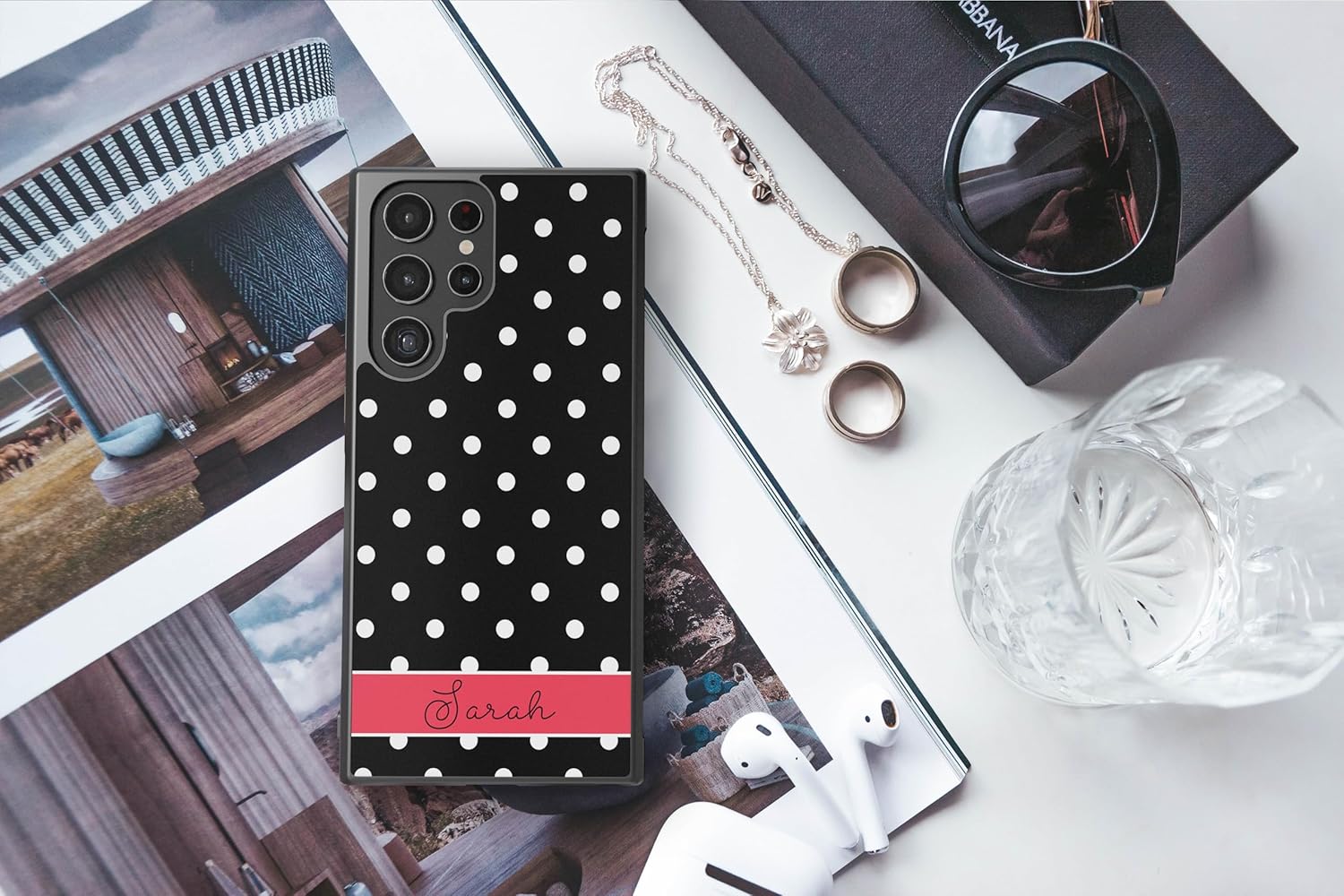 Polka Dot Black White Red Personalized Black Rubber Phone Case Compatible With Samsung Galaxy S25 S25FE S25+ S25 Ultra S24 S24+ S24 Ultra S24FE, S23 FE S23+ Ultra S22 S22+