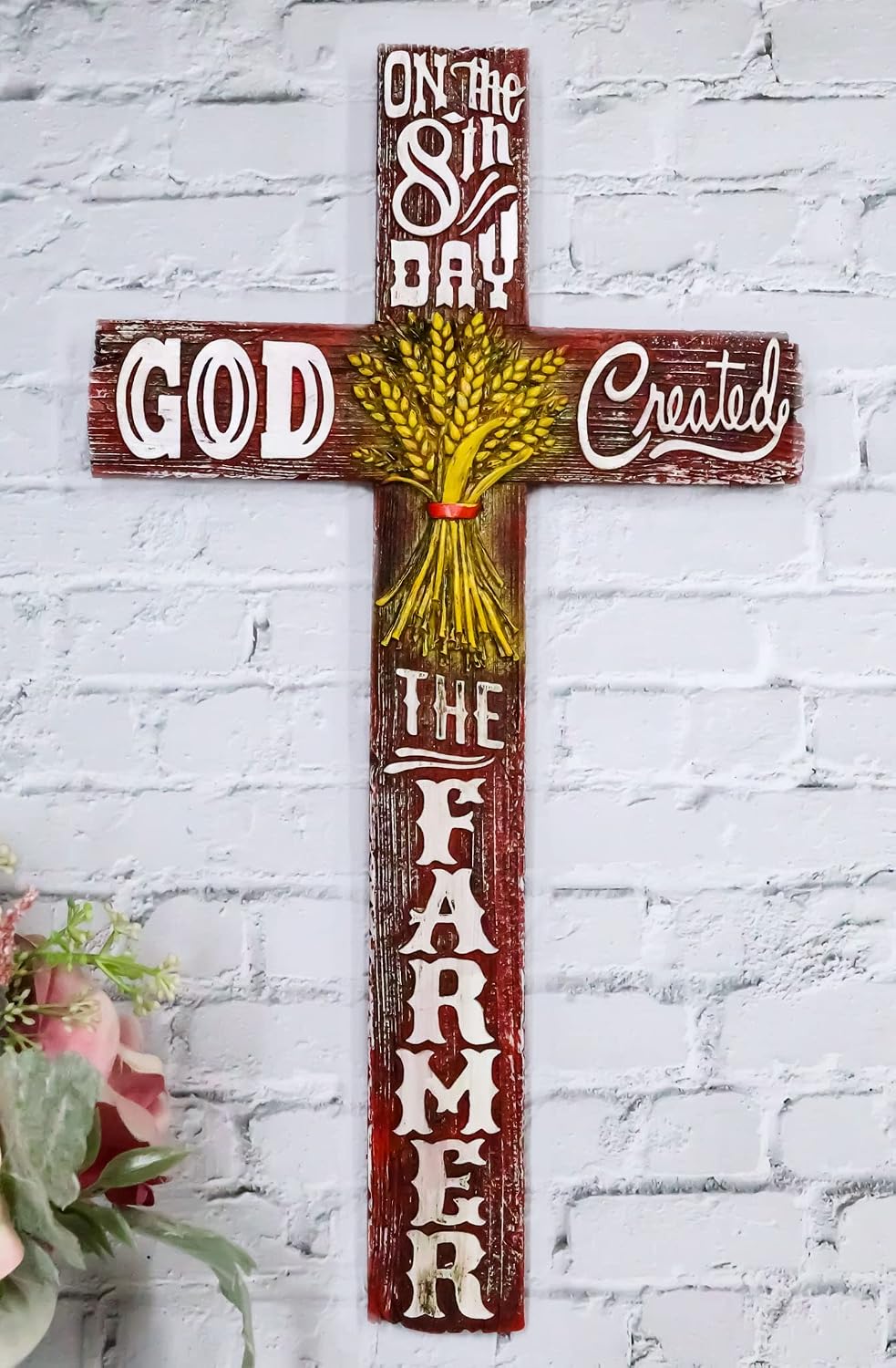 Ebros Gift Rustic Western On The 8th Day God Created The Farmer With Golden Wheat Harvest Wall Cross Decor Plaques Crucifix Inspirational Christian Themed Accent Decorative Crosses