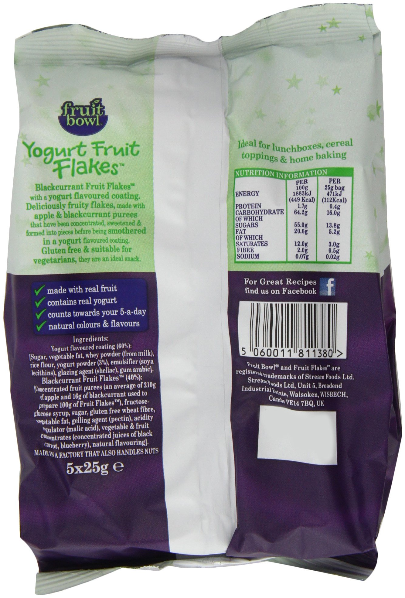 Fruitbowl Blackcurrant Yogurt Fruit Flakes Multi-Packs 25 g (Pack of 6, Total 30 Bags)