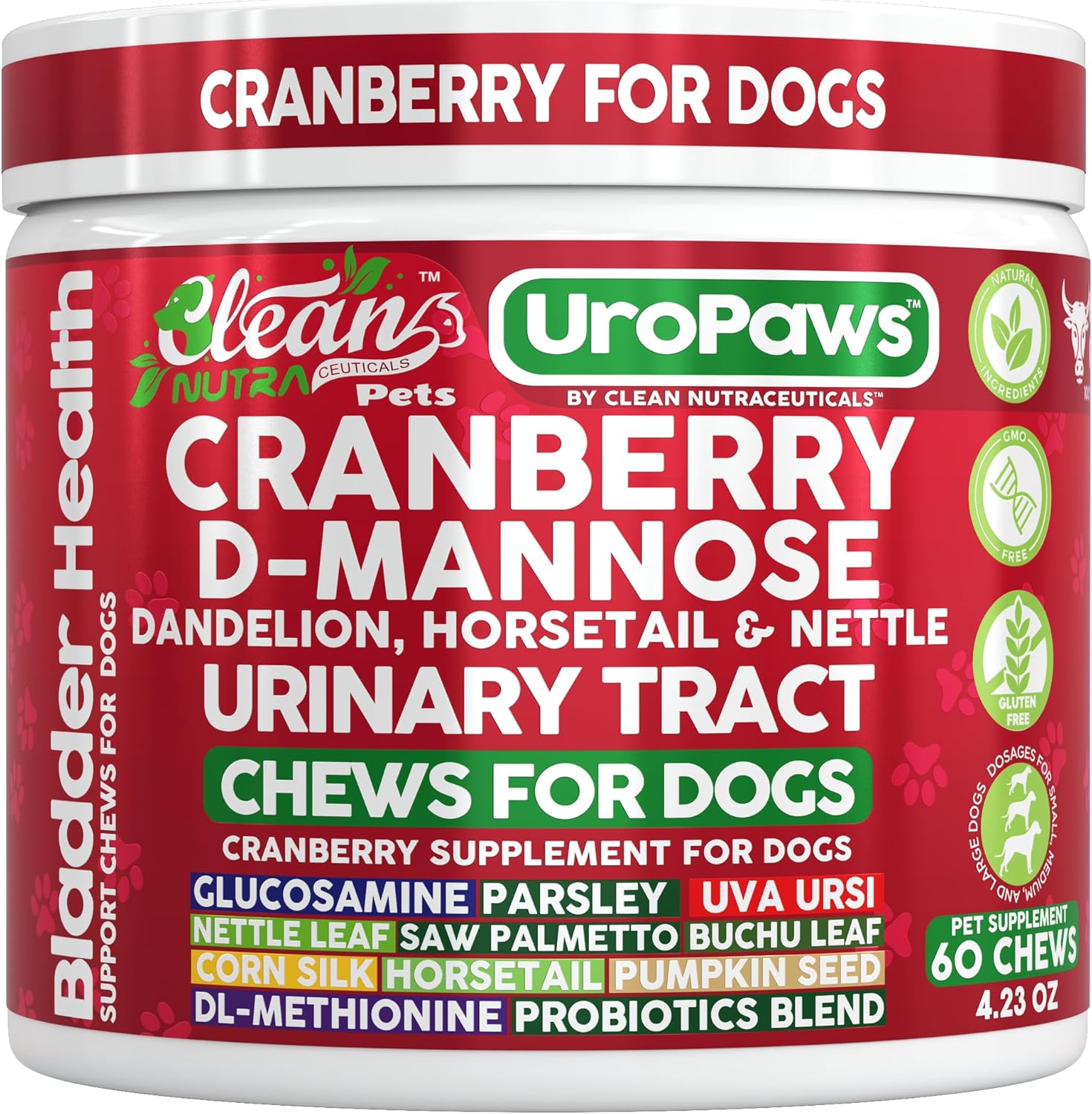 Dog UTI Treatment | Cranberry for Dogs | Urinary Tract Bladder Control | D-Mannose Dandelion Glucosamine HCL Marshmallow Nettle Leaf Saw Palmetto Uva Ursi Horsetail Beef Flavor by Clean Nutra Pets