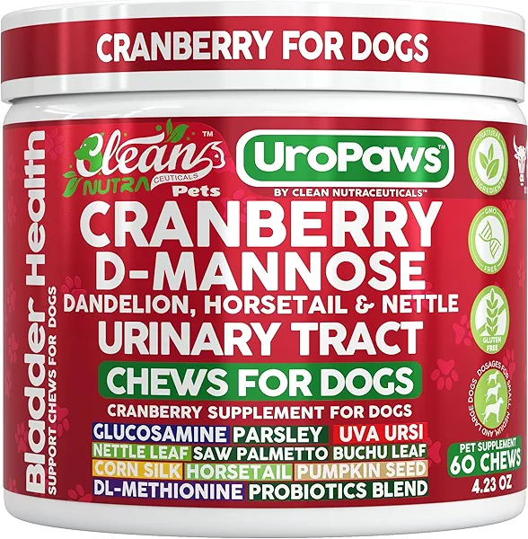 UroPaws Cranberry for Dogs Urinary Tract UTI Bladder Support | D-Mannose Dandelion Glucosamine HCL Marshmallow Nettle Leaf Saw Palmetto Uva Ursi Horsetail Beef Flavor by Clean Nutra Pets