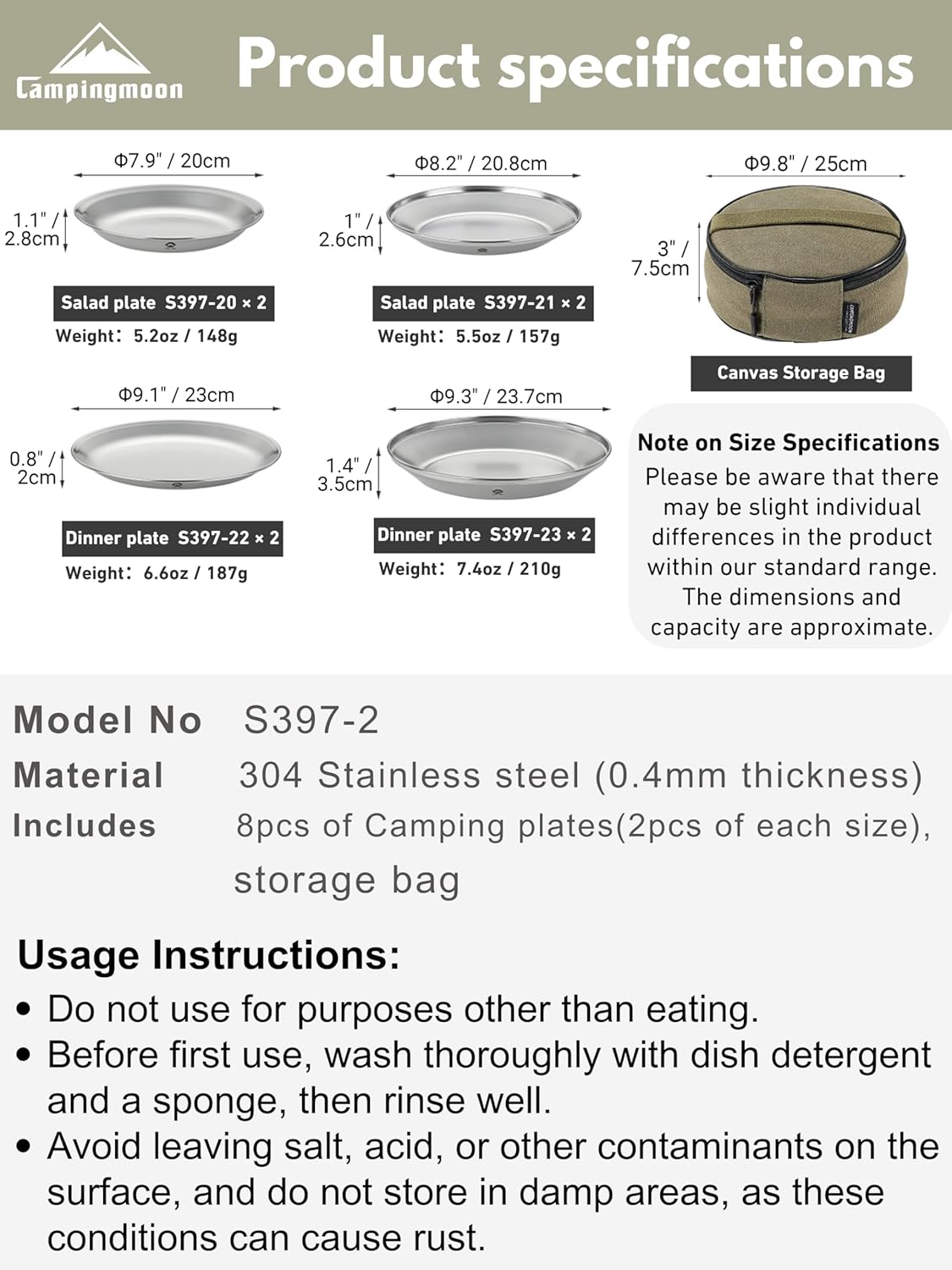 CAMPINGMOON Camping Plates 8 pack set Salad Side Dinner Plate Dishes Outdoor Tableware Stainless Steel with Canvas Case S397-2S