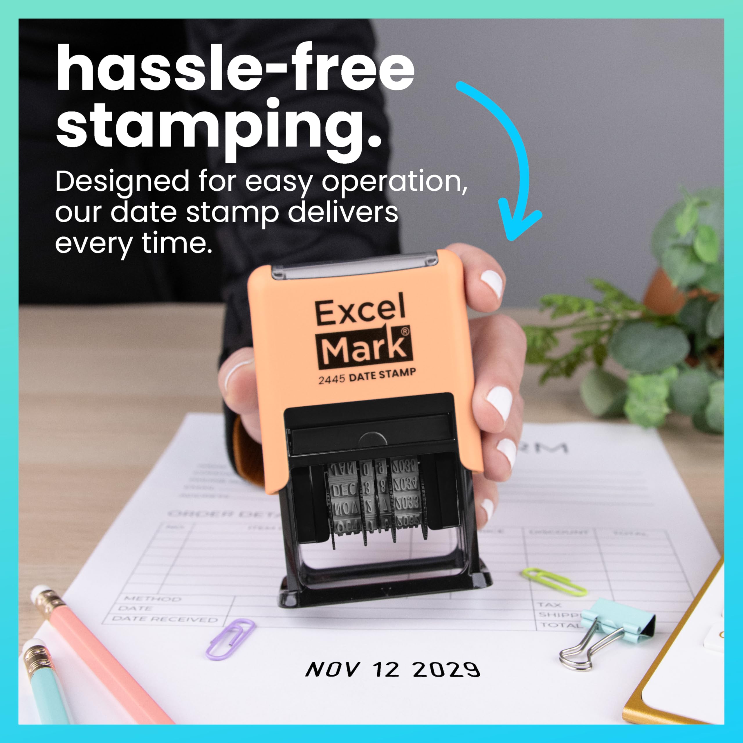 ExcelMark 2445 - Timbro con data, perfetto per spedizione, ricezione, scadenza e scadenza (inchiostro nero, supporto pesca)