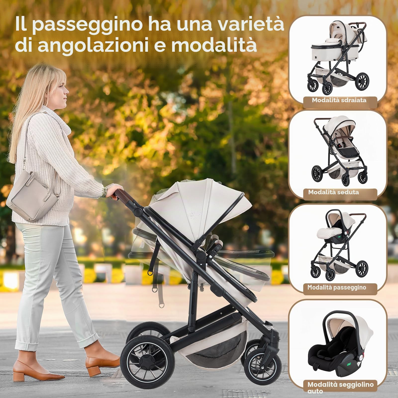 Passeggino 3 in 1,Stroller da Viaggio, Grigio-Set Passeggino e Seggiolino Auto, Passeggino Fronte Mamma con Zanzariera Parapioggia, Maniglia Regolabile, Telaio in Alluminio, 0-4, 22Kg