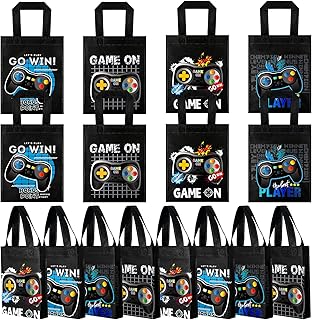 24 Pack Video Game Themed Gift Bags Video Game Party Favors Non Woven Reusable Goody Treat Bags with Handles Game Themed Birthday Party Supplies for Kids Boys, 4 Styles (Blue)