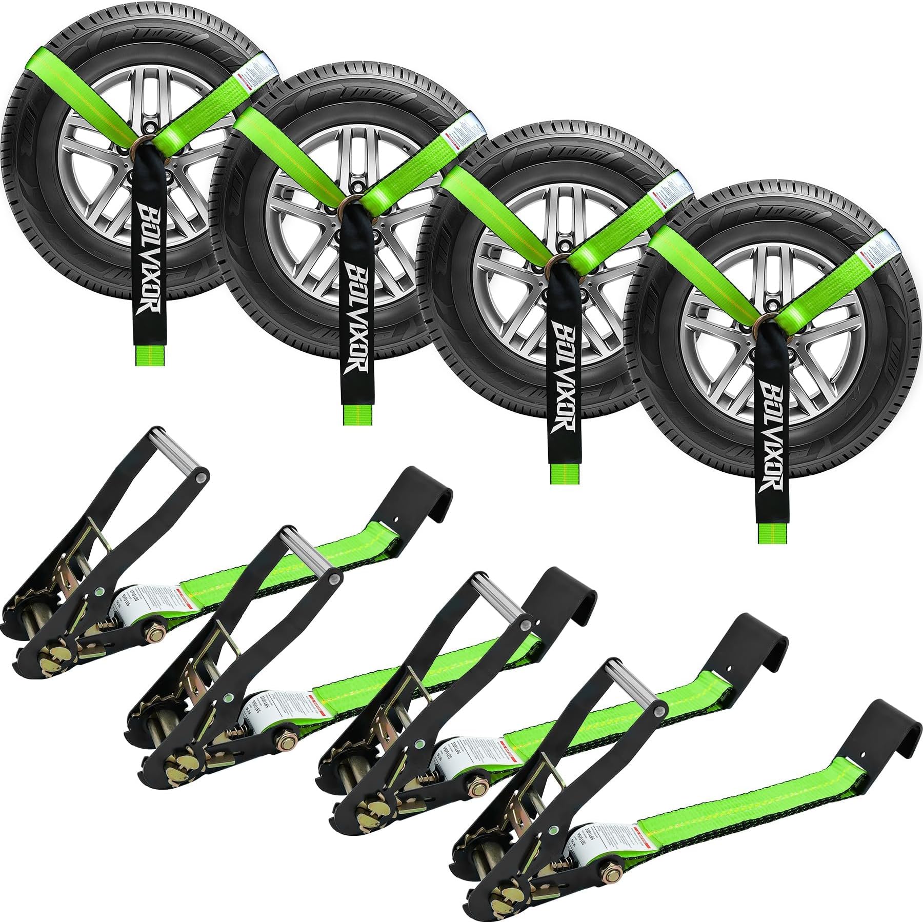 4 Pack Car Tie Down Straps for Trailers - 2" x 96" - 9900LBS Break Strength - Heavy Duty Tire Ratchet Straps with Flat Hooks for Hauling UTV, SUV, Truck, Any Cars