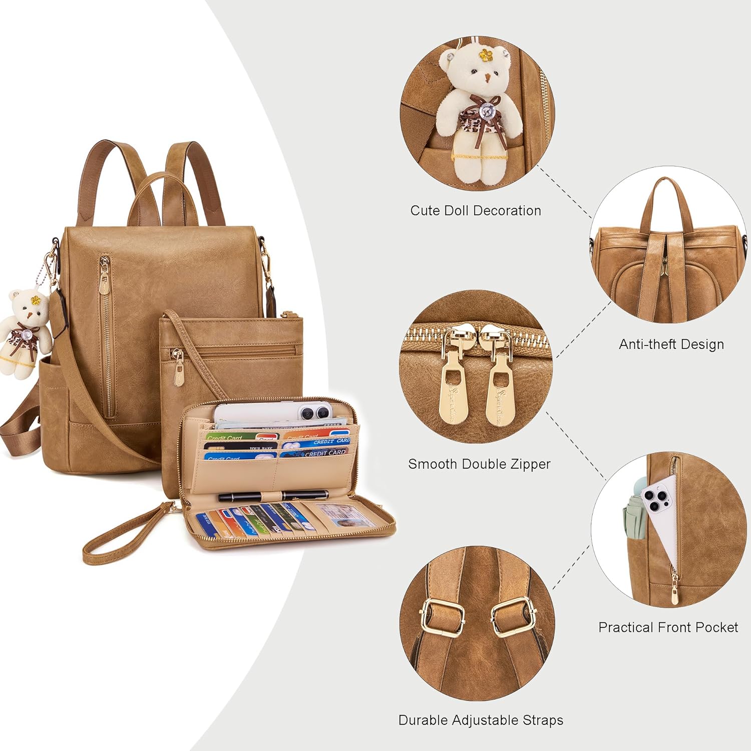 Soperwillton Women Fashion Backpack Purse Anti-Theft Leather Shoulder Bag Travel Multi Pockets Handbag Wallet Set 3pcs - Image 4