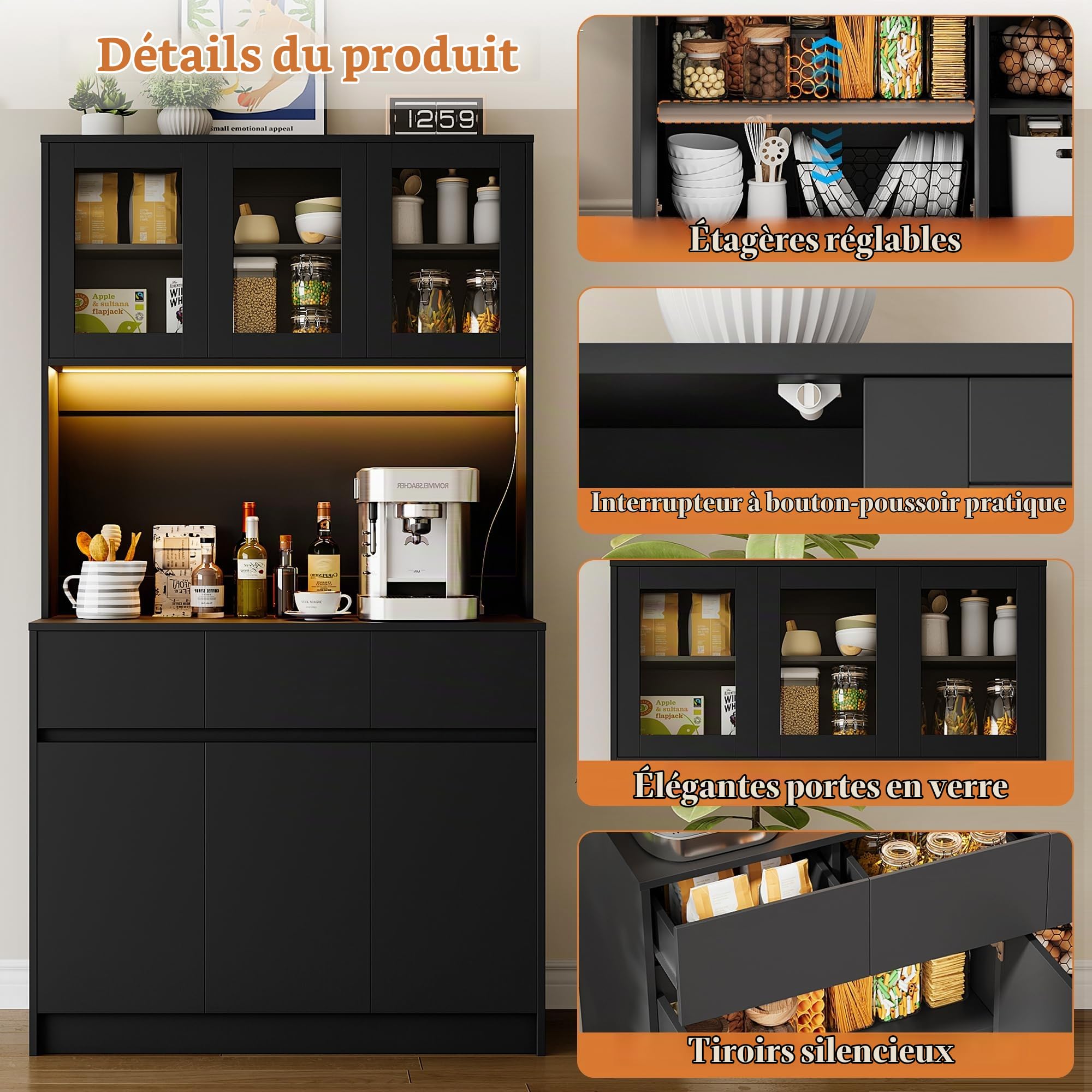 Armoire de cuisine buffet avec buffet L-E-D pour cuisine avec station de charge, armoire haute avec plan de travail et 3 tiroirs, buffet de cuisine avec étagère réglable pour salle à manger