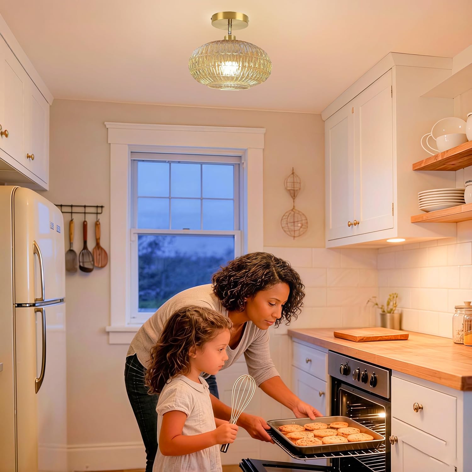 Semi Flush Mount Ceiling Light Fixture,Hallway Light Fixtures,Vintage Globe Glass Ceiling Fixture with Amber Shade,Kitchen Ceiling Light Fixture,Farmhouse Gold Ceiling Lighting for Bathroom Porch