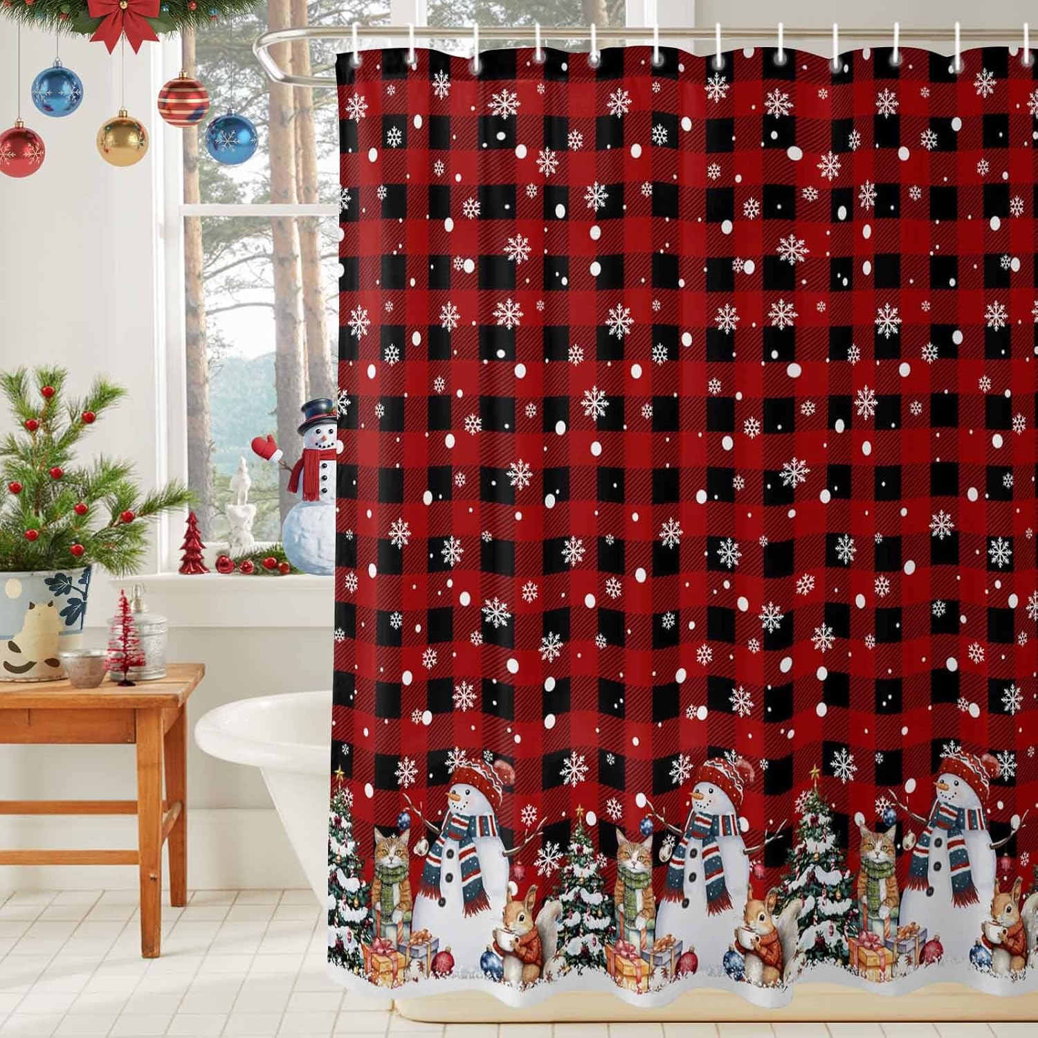 Christmas Shower Curtain,Xmas Snowman Tree Squirrel Snowflake Waterproof Shower Curtain Set with Hooks for Bathroom Showers,Stalls and Bathtubs,48x72In Black Red Plaid
