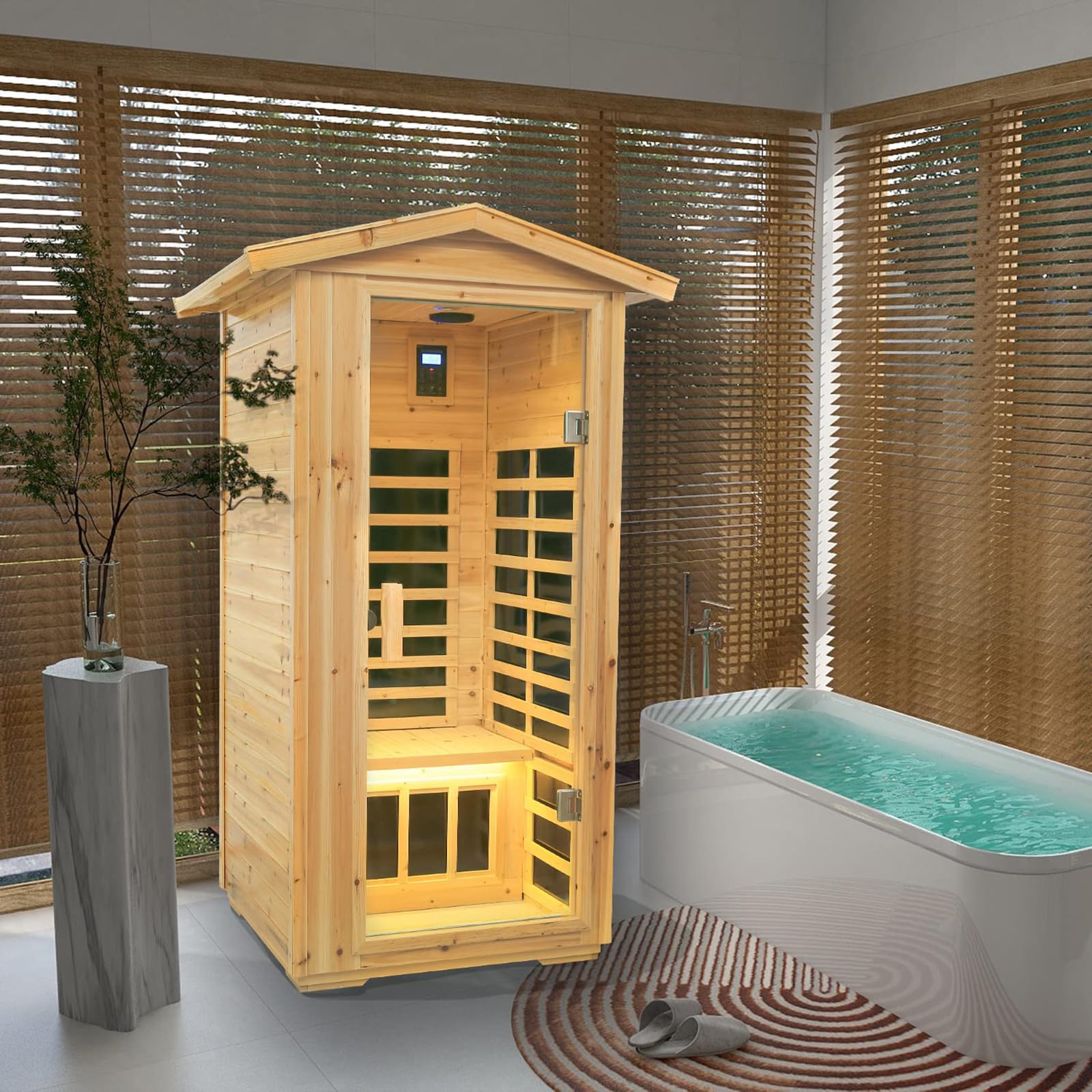 LKJYBG Outdoor Wooden Sauna 1 Person 1560W Low EMF Canadian Hemlock Wooden Far Infrared Dry Sauna for Indoor Outdoor as Shown