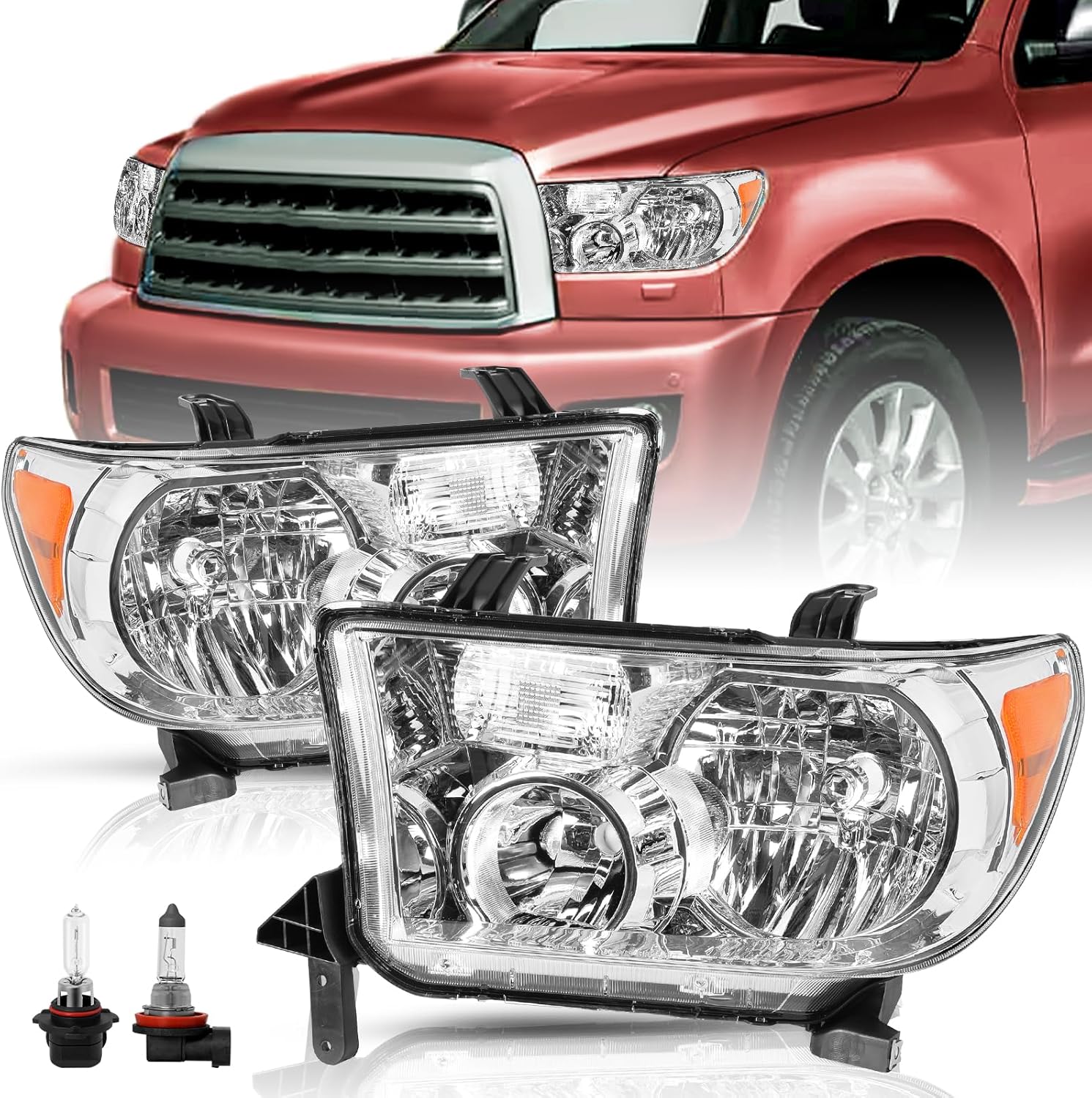 Headlight Assembly Replacement for 2007 2008 2009 2010 2011 2012 2013 Tundra / 2008-2017 Sequoia Driver and Passenger Side Chrome with Amber Reflector Housing with Bulbs