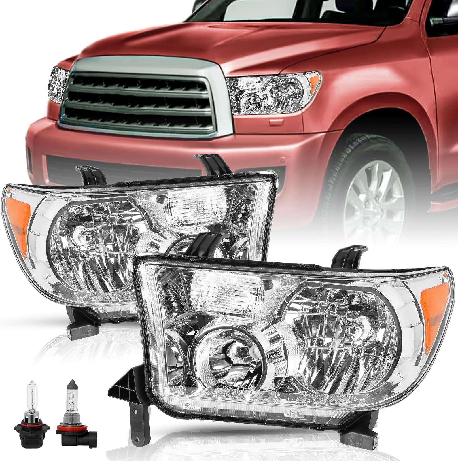 Tundra Headlights Assembly Replacement for 2007-2013 Tundra, 2008-2017 Sequoia, Driver & Passenger Side, Chrome Housing with Amber Reflector, NOT fit for 09-12 Tundra with Level Adjuster